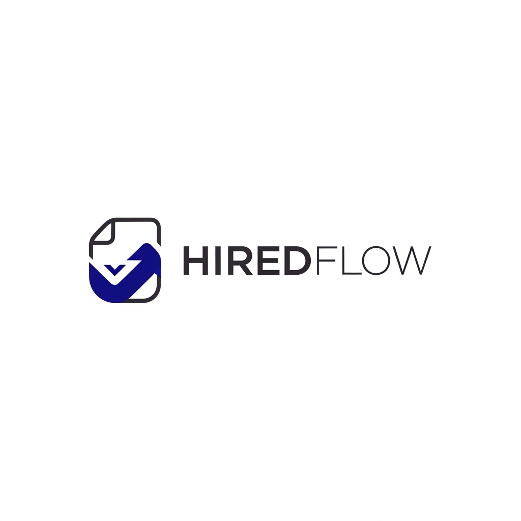 AI Design for Minimalist modern logo for "HiredFlow," an AI-powered career and resume-building SaaS platform. Combine a subtle upward-flowing arrow or checkmark motif with a abstract document/resume shape, suggesting career progression and momentum. Clean geometric sans-serif wordmark "HiredFlow" in deep charcoal/near-black (#1a1a1a), paired with a simple icon mark that works standalone as an app/favicon. Style: flat vector, tech-forward, professional, trustworthy — similar visual register to Linear, Notion, or Vercel logos. No gradients, no 3D effects, no clipart. Single accent color allowed (deep navy or electric blue) against white/transparent background. Must be legible at small sizes (32x32 favicon) and scale cleanly to app icon and full lockup versions.
