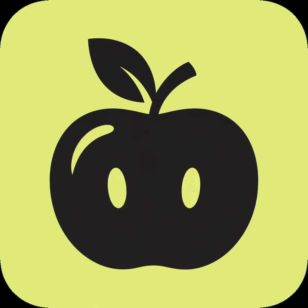 AI Design for A minimalist flat app icon logo for 'Nutrio', a nutrition and calorie tracking app. The icon depicts a simple silhouetted fruit shape (like a stylized apple or berry) in solid black, with a small curved leaf or sprout on top suggesting freshness and nutrition. Two small oval negative-space cutouts within the fruit body suggest a friendly, approachable face. Flat single-color silhouette style, no gradients, no shadows, no outlines — solid black shape only. Background is a flat solid light yellow-green (#A8CC5E or similar). Clean, simple, rounded, friendly, modern wordmark-adjacent icon suitable for a mobile app splash screen and app icon. Centered composition, ample padding around the shape