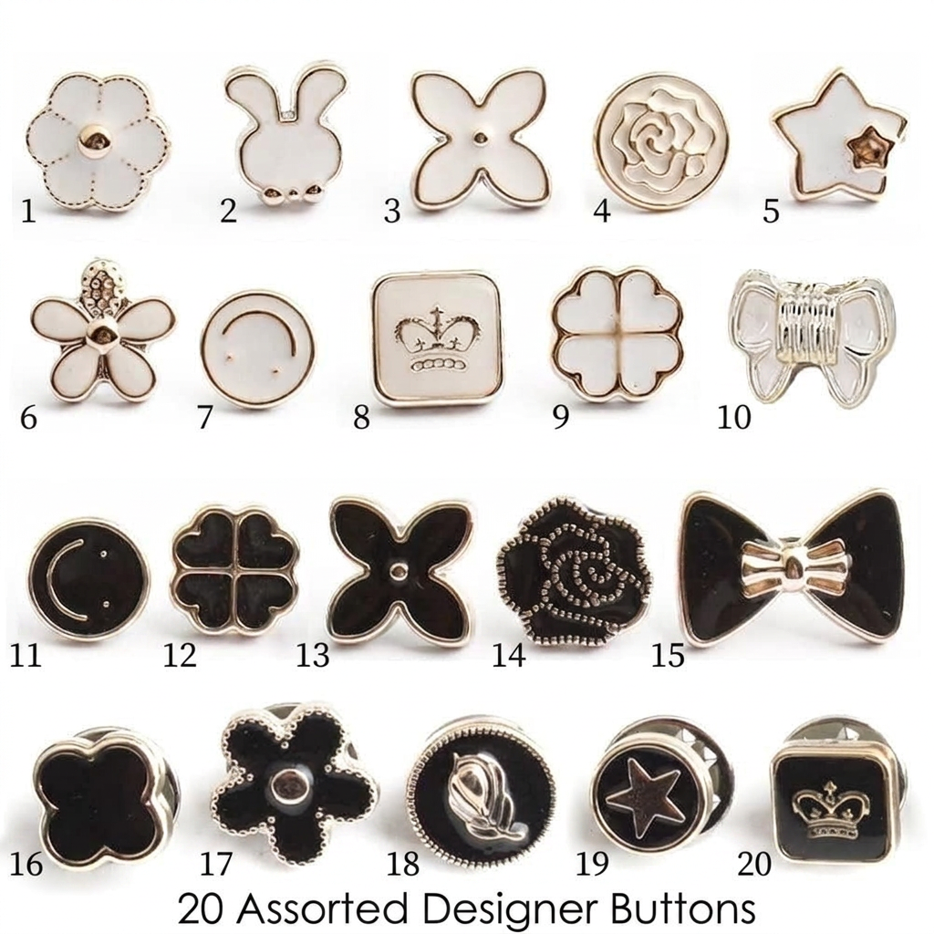 AI Design for Same arrangement as the image
Tiny numbers 1–20 beside each button
Bottom text:
20 Assorted Designer Buttons