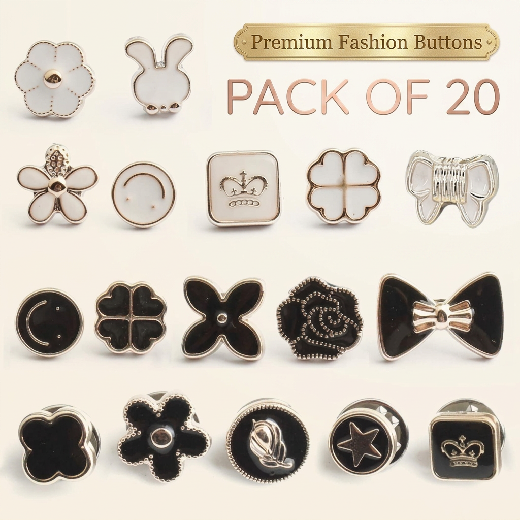 AI Design for Exact grid from the image
Very light cream background instead of pure white
Small gold label:
Premium Fashion Buttons
Large text:
PACK OF 20