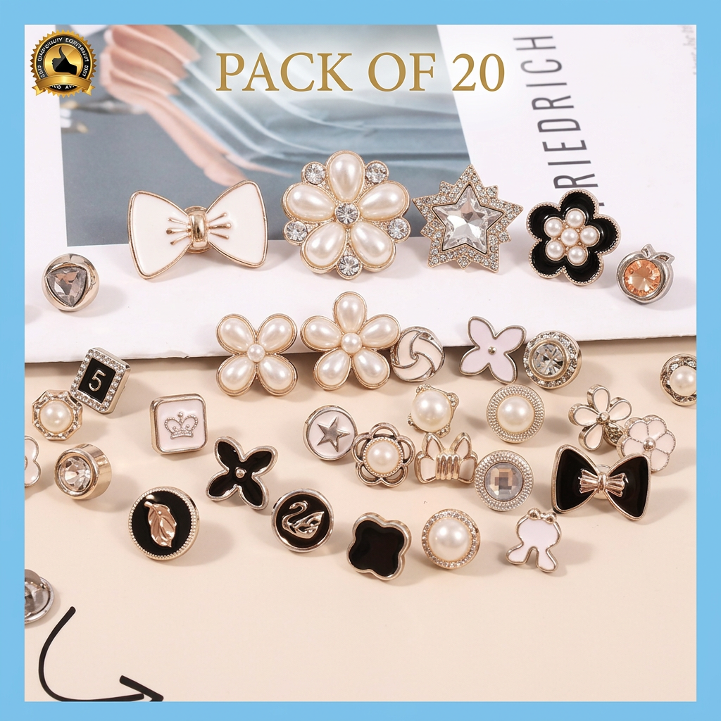 AI Design for Keep the larger pearl and bow buttons bigger, medium flower buttons in the middle, and smaller crown/star buttons around them—exactly like the reference image. Add text:
PACK OF 20