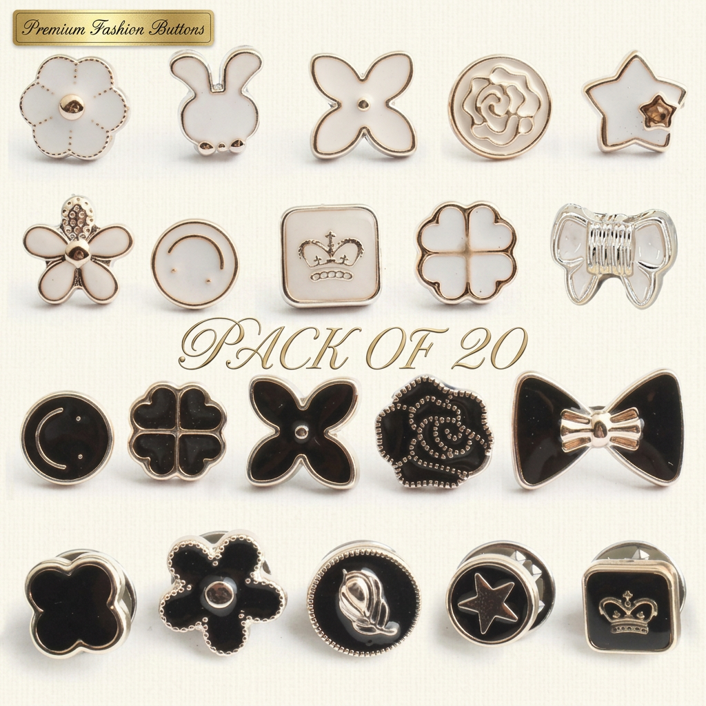 AI Design for Exact grid from the image
Very light cream background instead of pure white
Small gold label:
Premium Fashion Buttons
Large text:
PACK OF 20