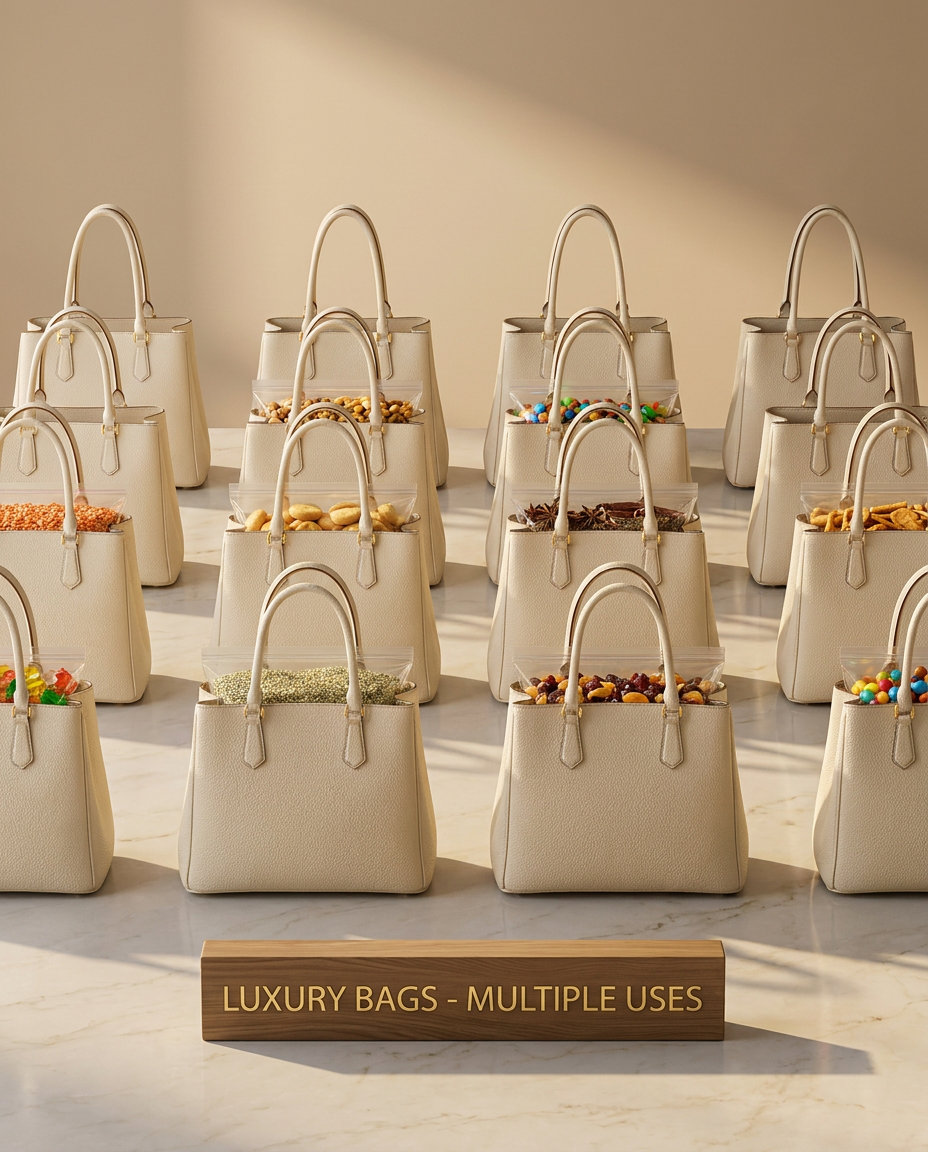 AI Design for A high-end, professional product photography arrangement featuring a cohesive collection of luxury bags. Every bag is rendered in a uniform, standardized size to create a balanced and symmetrical composition, set against a clean, minimalist studio background with soft, diffused lighting and elegant shadows to highlight texture and premium quality.