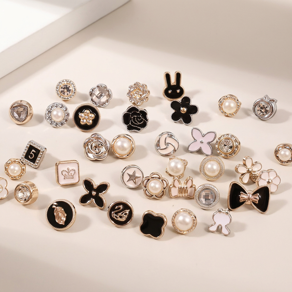 AI Design for A professional high-end product photography display featuring a collection of {{asset:123}} brooches, all arranged in a uniform size and symmetrical grid layout. The background is a clean, minimalist, soft-focus neutral studio backdrop with elegant soft-box lighting to accentuate the textures and metallic details of the jewelry, with all original text labels and branding removed. AND SHOW ALL PRODUCT IN SAME SIZE