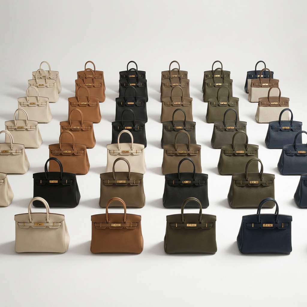 AI Design for A high-end, professional product photography arrangement featuring a cohesive collection of luxury bags. Every bag is rendered in a uniform, standardized size to create a balanced and symmetrical composition, set against a clean, minimalist studio background with soft, diffused lighting and elegant shadows to highlight texture and premium quality.