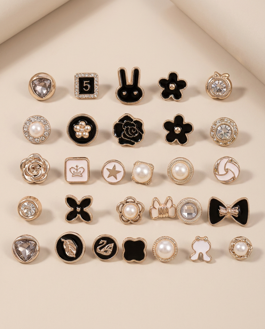AI Design for A professional high-end product photography display featuring a collection of {{asset:123}} brooches, all arranged in a uniform size and symmetrical grid layout. The background is a clean, minimalist, soft-focus neutral studio backdrop with elegant soft-box lighting to accentuate the textures and metallic details of the jewelry, with all original text labels and branding removed. AND SHOW ALL PRODUCT IN SAME SIZE