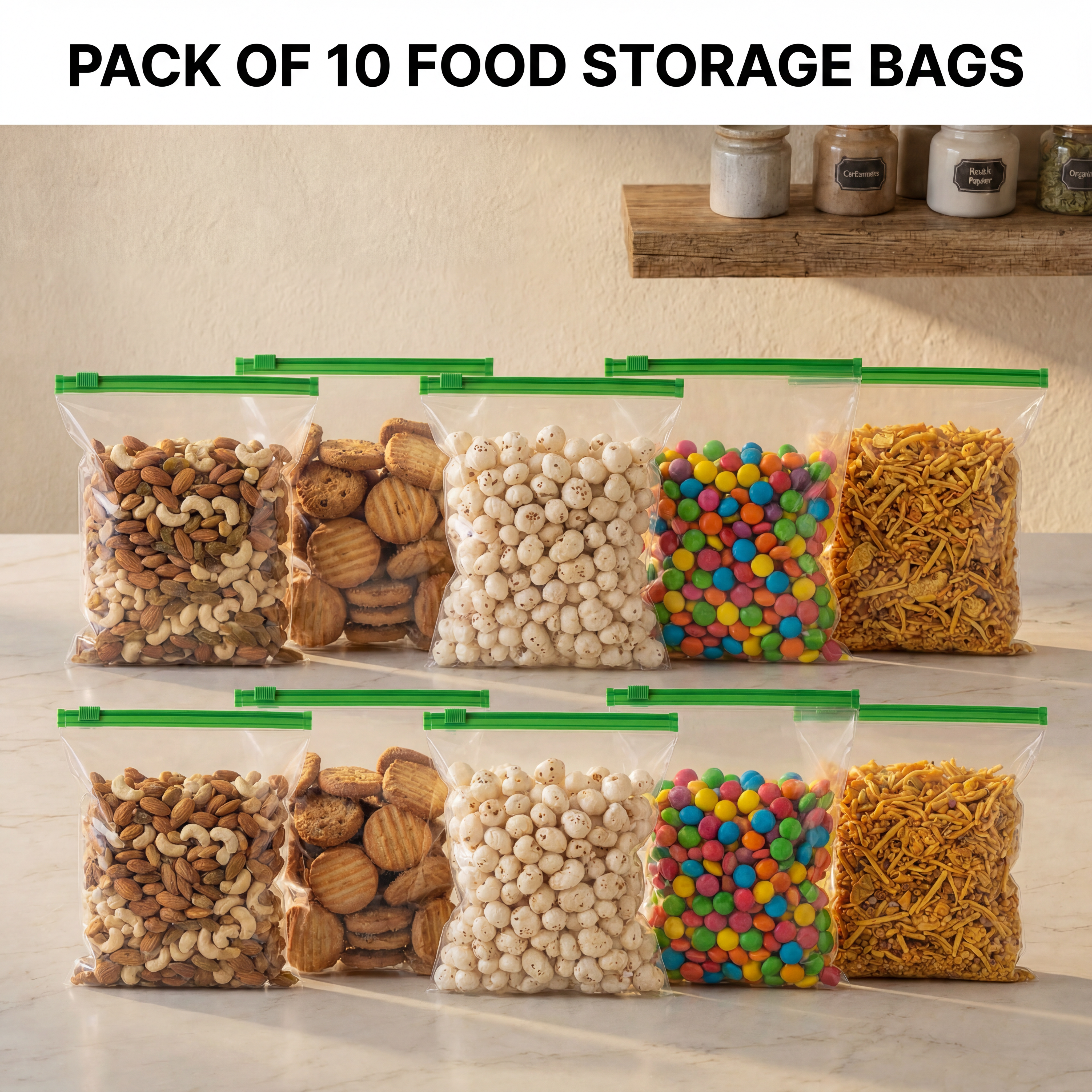 AI Design for Use 10 same-size bags.
Fill with:
Dry fruits
Biscuits
Makhana
Candies
Namkeen
Keep all bags equal size.
Text:
"PACK OF 10 FOOD STORAGE BAGS"
