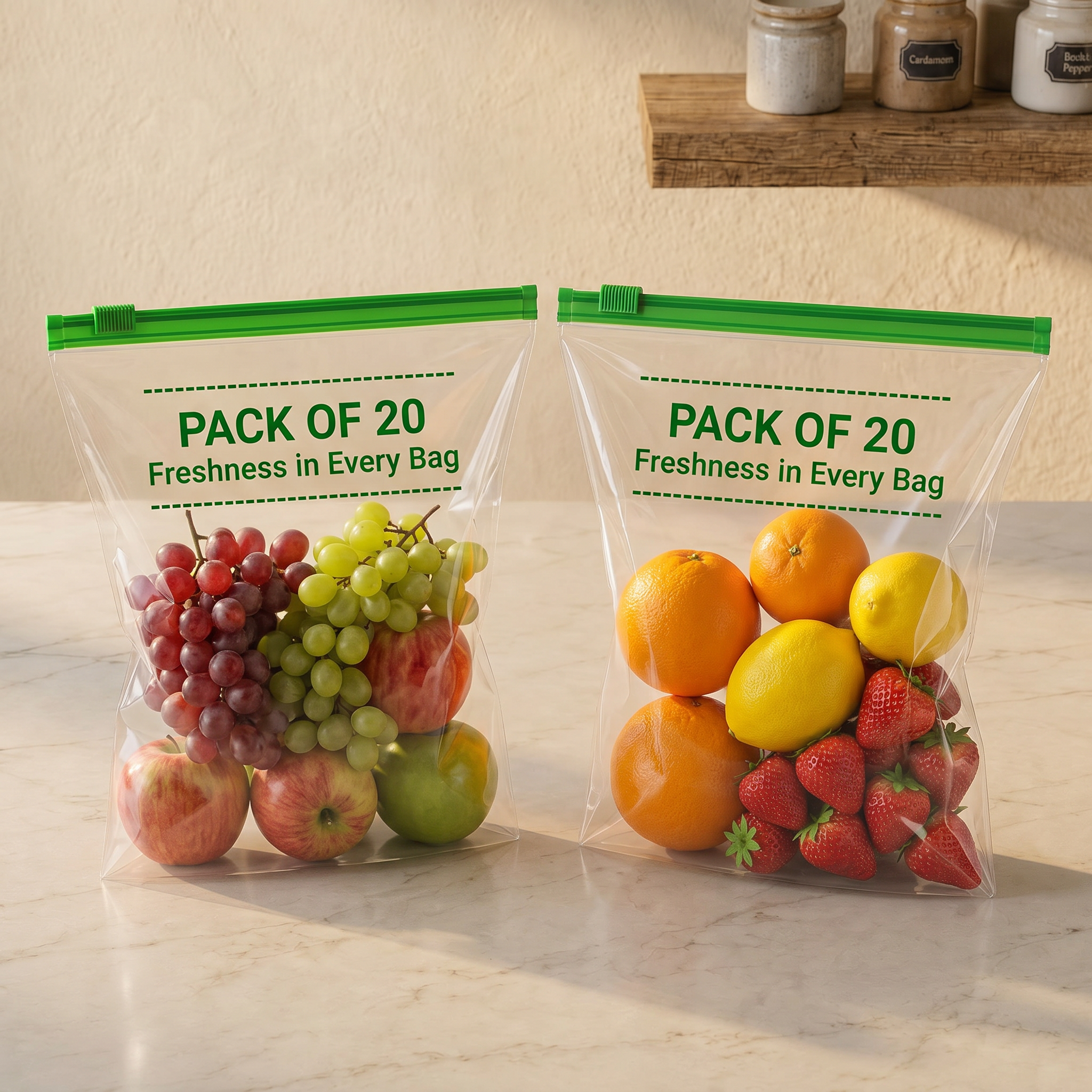 AI Design for 2. Fruits Collection
Fill the bags with:
Grapes
Apples
Oranges
Lemons
Strawberries
Text:
PACK OF 20
Freshness in Every Bag