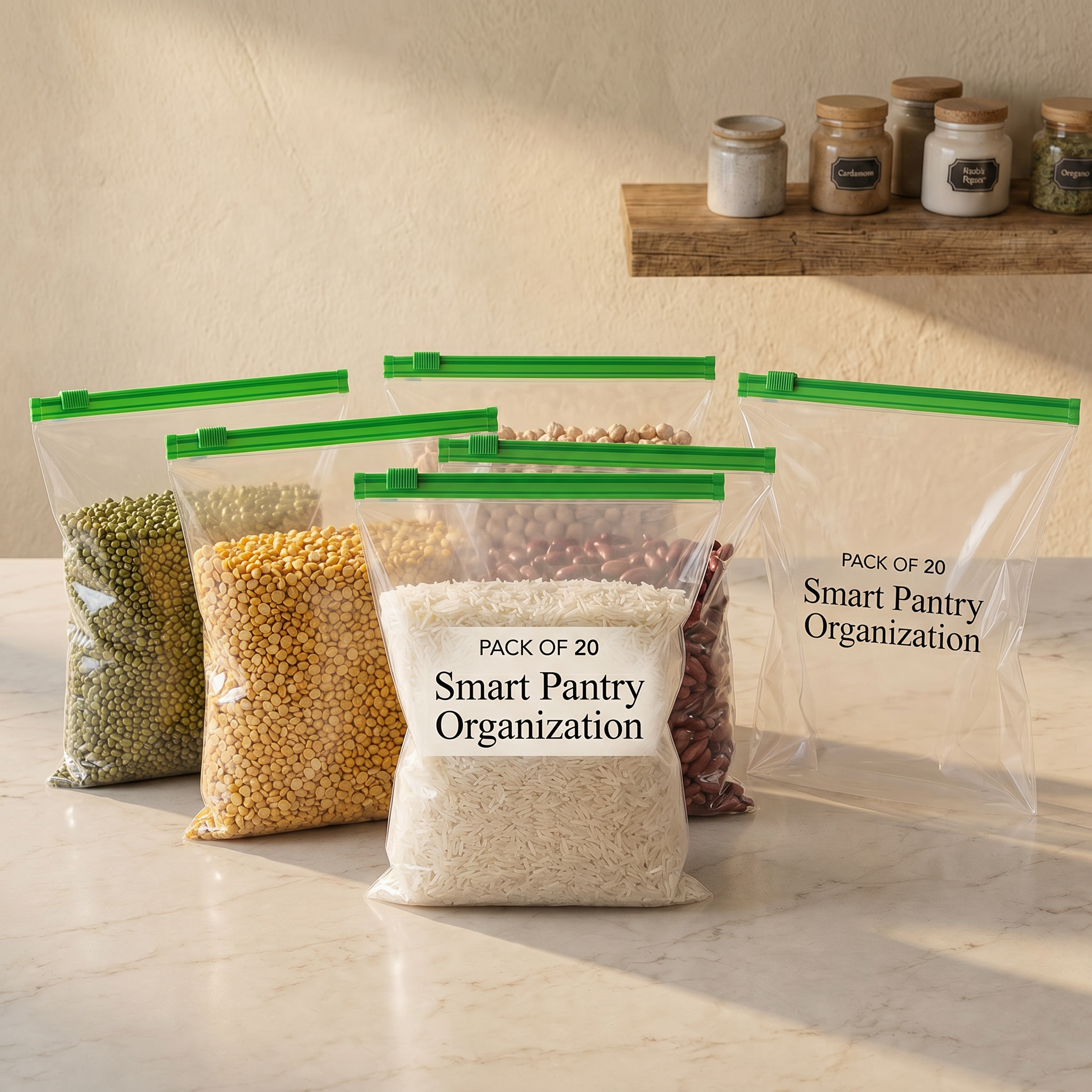 AI Design for 4. Grains & Pulses Set
Fill the bags with:
Rice
Toor Dal
Moong Dal
Chickpeas
Rajma
Text:
PACK OF 20
Smart Pantry Organization