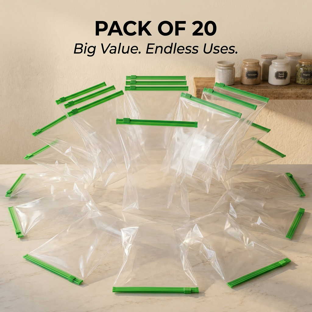 AI Design for Place one hero bag in the center with the remaining identical bags spreading outward like a burst effect.
Text:
PACK OF 20
Big Value. Endless Uses.