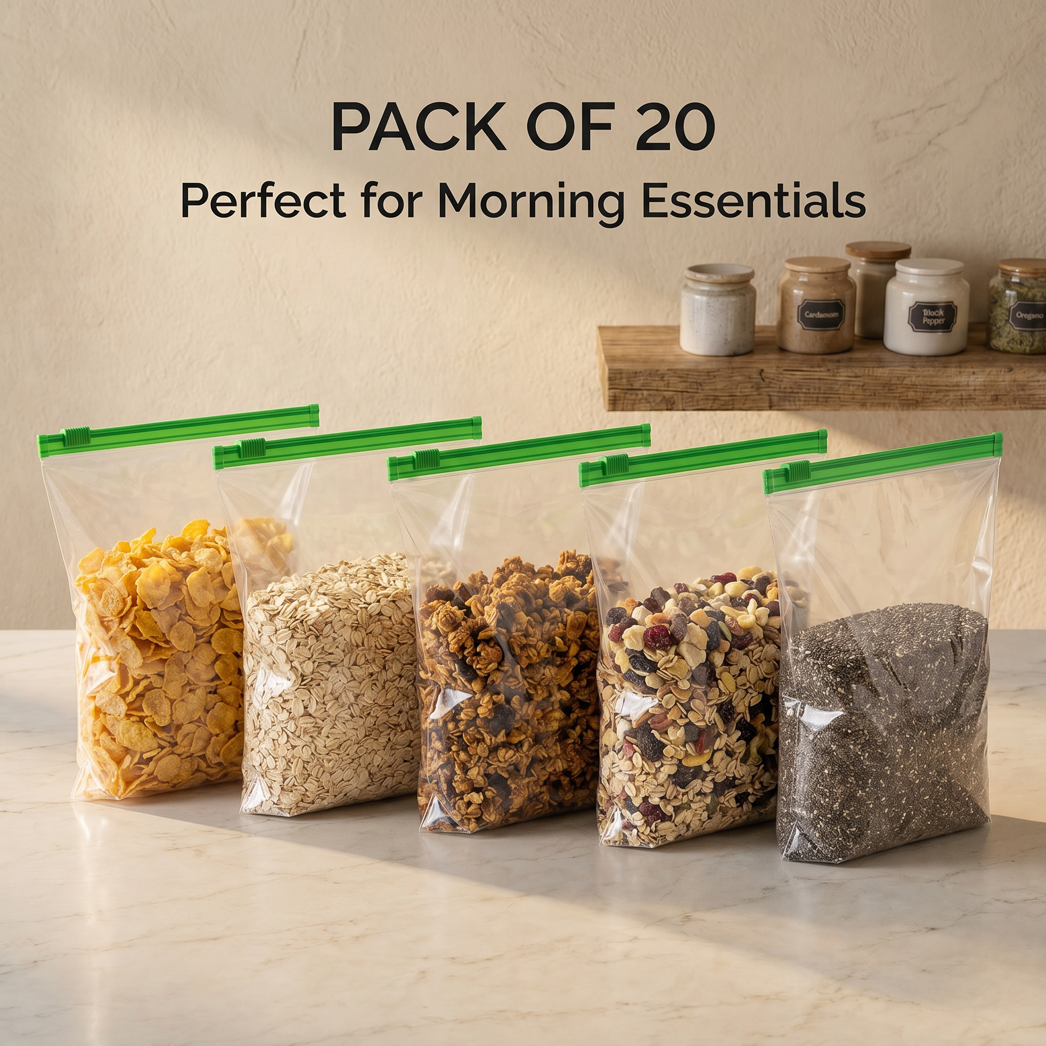 AI Design for Fill identical bags with:

Cornflakes
Oats
Granola
Muesli
Chia Seeds

Text:
PACK OF 20
Perfect for Morning Essentials