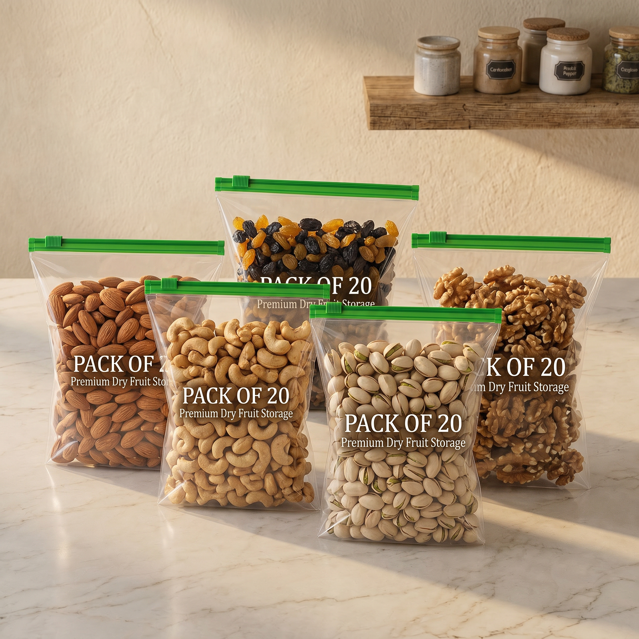 AI Design for Fill identical bags with:
Almonds
Cashews
Pistachios
Raisins
Walnuts
Text:
PACK OF 20
Premium Dry Fruit Storage