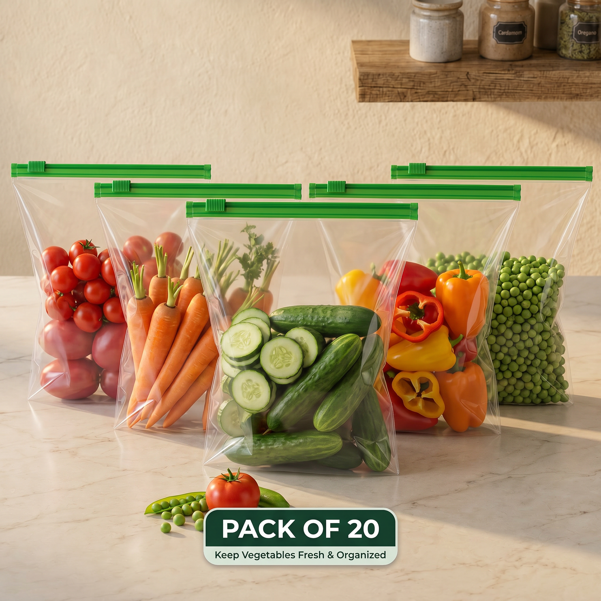 AI Design for 1. Fresh Vegetables Set
Fill identical bags with:
Tomatoes
Carrots
Cucumbers
Bell Peppers
Green Peas
Text:
PACK OF 20
Keep Vegetables Fresh & Organized