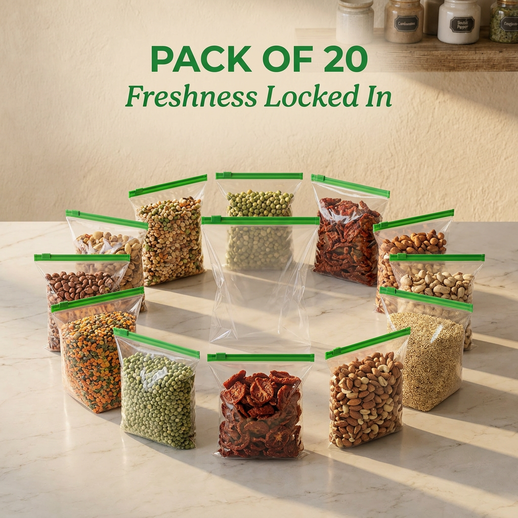 AI Design for Place one hero bag in the center and surround it with 8–10 identical filled bags in a circular arrangement.
Text:
PACK OF 20
Freshness Locked In