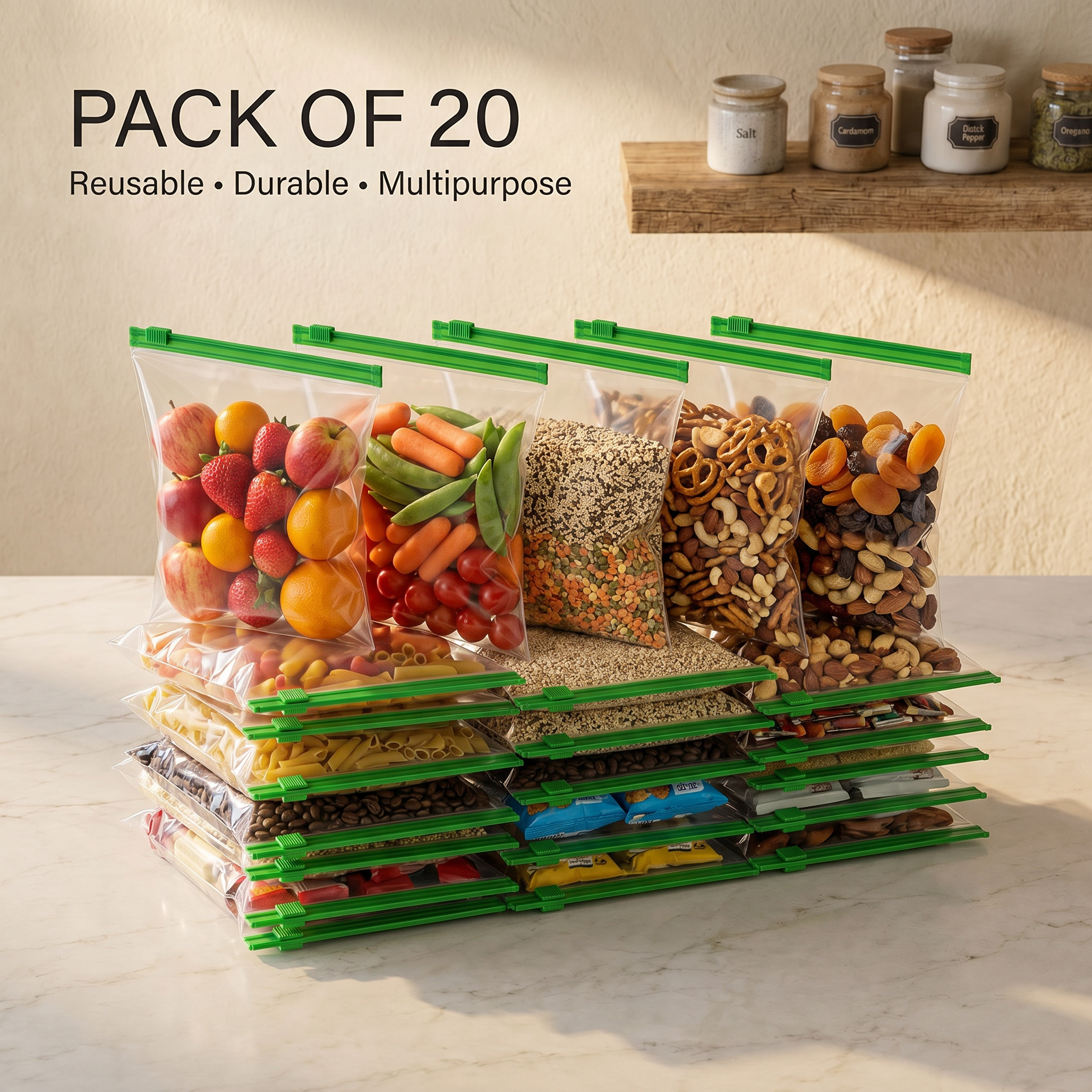 AI Design for FILL THE EMPTY Use a clean white or kitchen background with 20 identical bags stacked in layers, filled with fruits, vegetables, grains, snacks, and dry fruits.
Text:
PACK OF 20
Reusable • Durable • Multipurpose
Note: In all these ideas, every bag should maintain the exact same size, shape, transparency, and green slider lock as the original image you shared.BAG