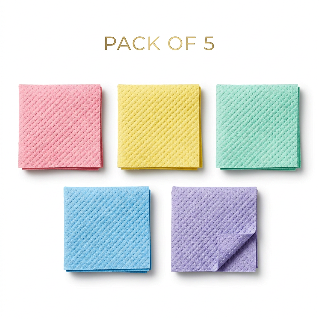 AI Design for Place the cloths neatly folded into identical squares and arrange them in a straight horizontal row. Maintain equal spacing, soft shadows, and a pure white background. Add a stylish "PACK OF 5" label while keeping the overall design minimal and premium.