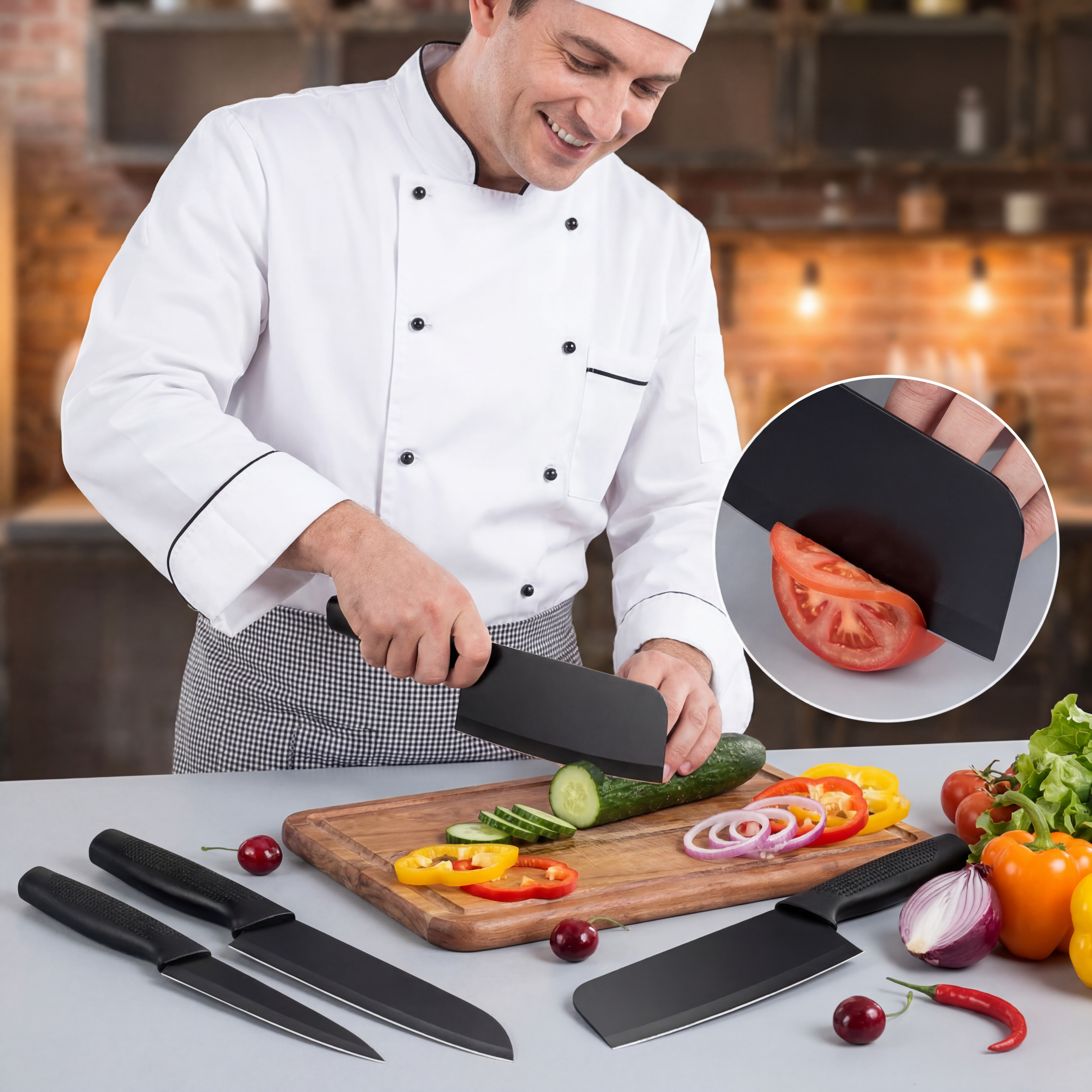AI Design for Show a smiling professional chef slicing vegetables with the largest knife on a wooden chopping board. Display the other two knives neatly beside the board. Add a small zoom circle highlighting the razor-sharp blade cutting through a tomato effortlessly.