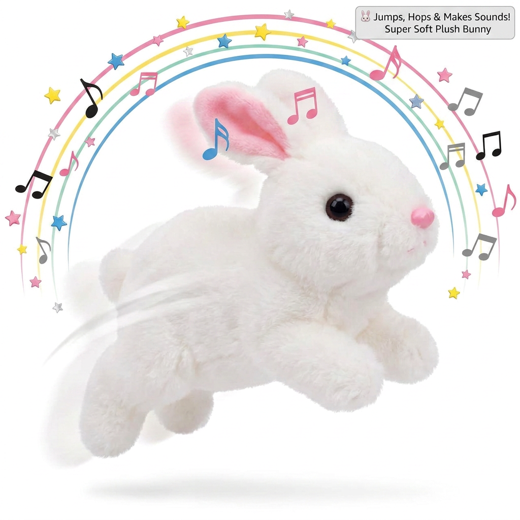 AI Design for 🐰 Jumps, Hops & Makes Sounds!
✨ Super Soft Plush Bunny
Idea (58 Words):
Make the bunny occupy nearly the entire frame on a pure white background. Show it slightly above the ground with a soft shadow underneath to create a realistic jumping effect. Add a few musical notes near the bunny's mouth and ears. Keep the text small in the top-right corner so the product remains the main focus.
