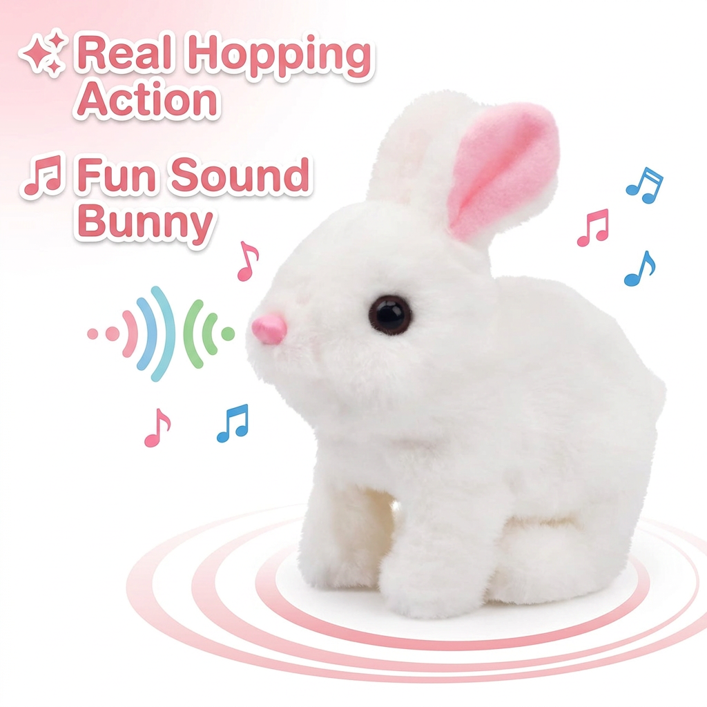 AI Design for ✨ Real Hopping Action
🎵 Fun Sound Bunny
Idea (55 Words):
Place the bunny in the center with a dynamic bounce effect using curved motion lines. Add a few colorful sound wave icons and floating music notes. Use soft pink accents without distracting from the product. The clean composition helps shoppers instantly understand the toy's interactive features.