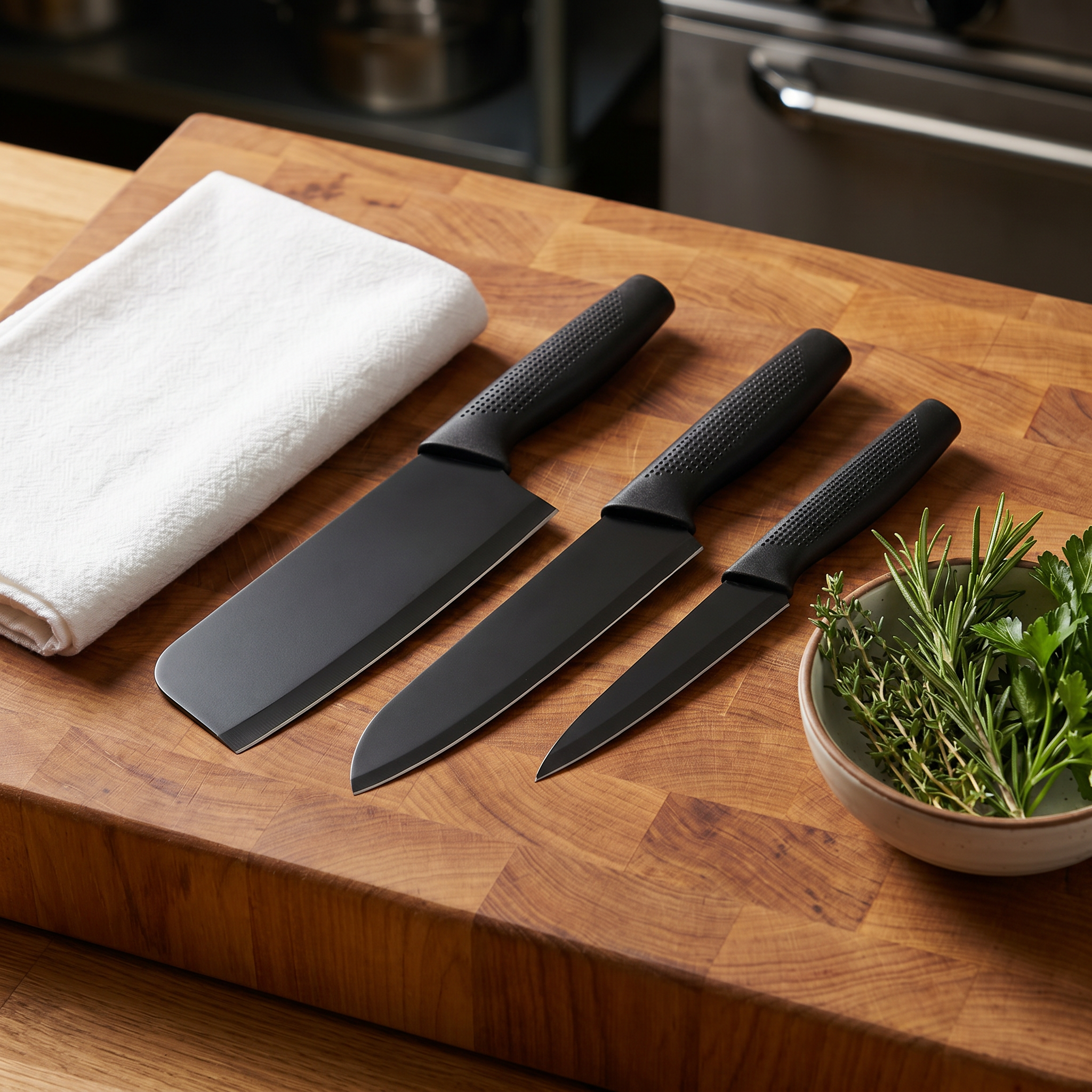AI Design for Display the three knives neatly on a wooden butcher block with a folded white kitchen towel and a small bowl of herbs. Use warm lighting to create a professional chef-inspired look while keeping every knife completely visible and perfectly aligned.