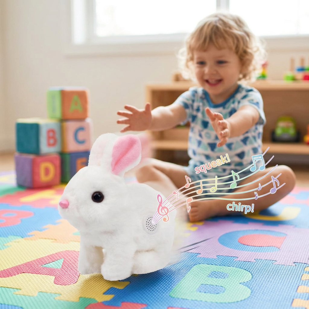 AI Design for 🐰 Jumping Bunny Toy
🎵 Hops & Makes Cute Sounds
Idea (58 Words):
Show a smiling 3–5-year-old child sitting on a soft play mat, reaching toward the bunny as it appears to hop forward. The bunny should remain large in the foreground while the child is slightly blurred in the background. Add musical notes and soft motion lines to emphasize the jumping and sound features.