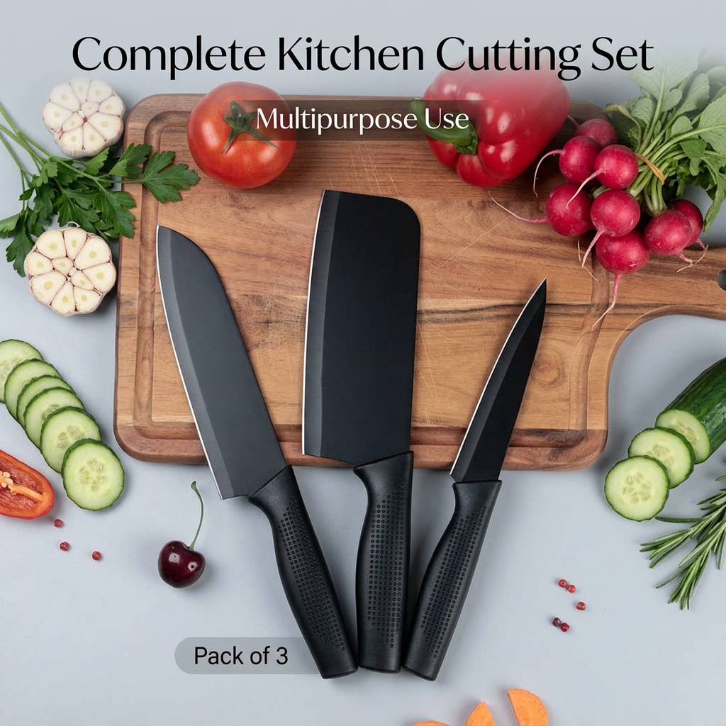 AI Design for Display all 3 knives in a fan-shaped layout with the largest knife in the center and the other two slightly angled. Add text: "Complete Kitchen Cutting Set", "Multipurpose Use", and "Pack of 3". Use vegetables and a cutting board in the background for context while keeping every knife clearly visible.
