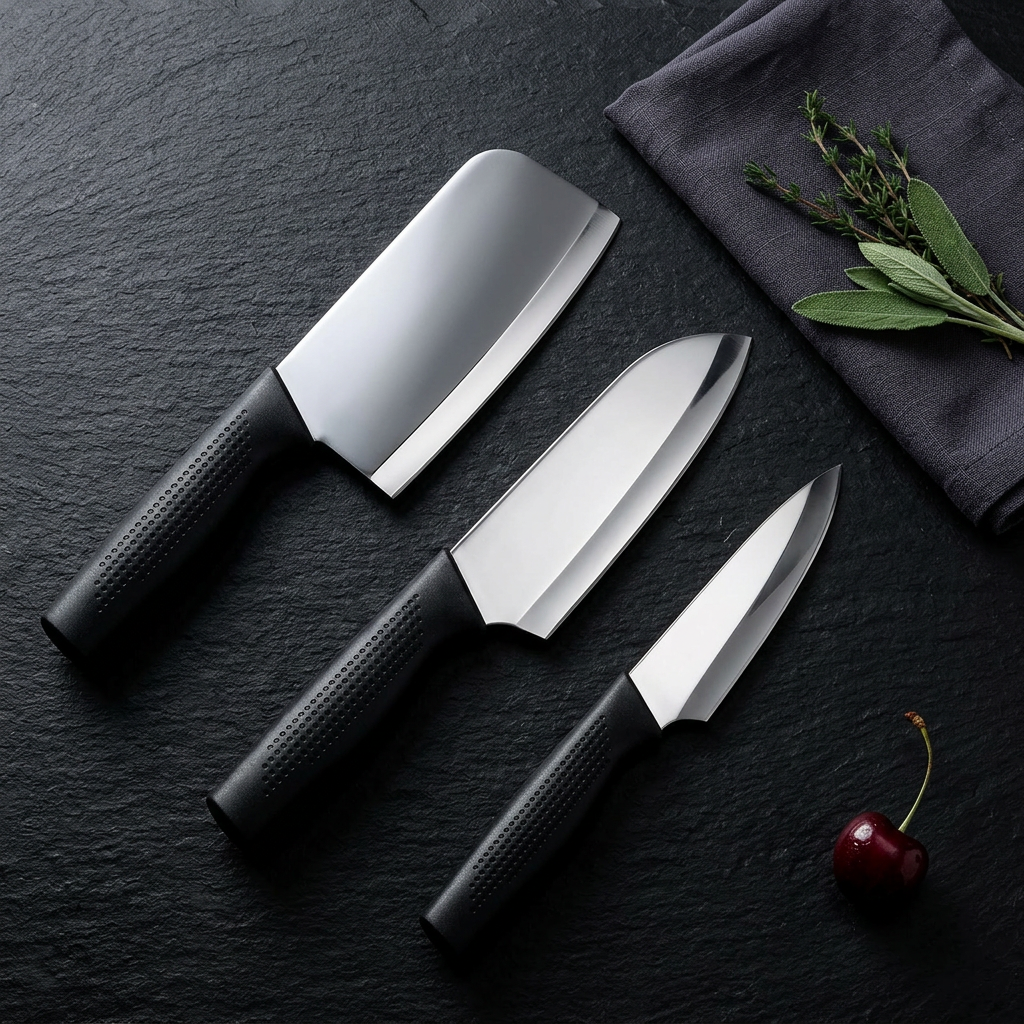 AI Design for Arrange the three knives diagonally on a matte black stone surface with soft directional lighting. Add subtle herbs and a folded linen napkin in one corner. The contrast makes the polished blades shine while giving the image a premium, sophisticated culinary aesthetic.