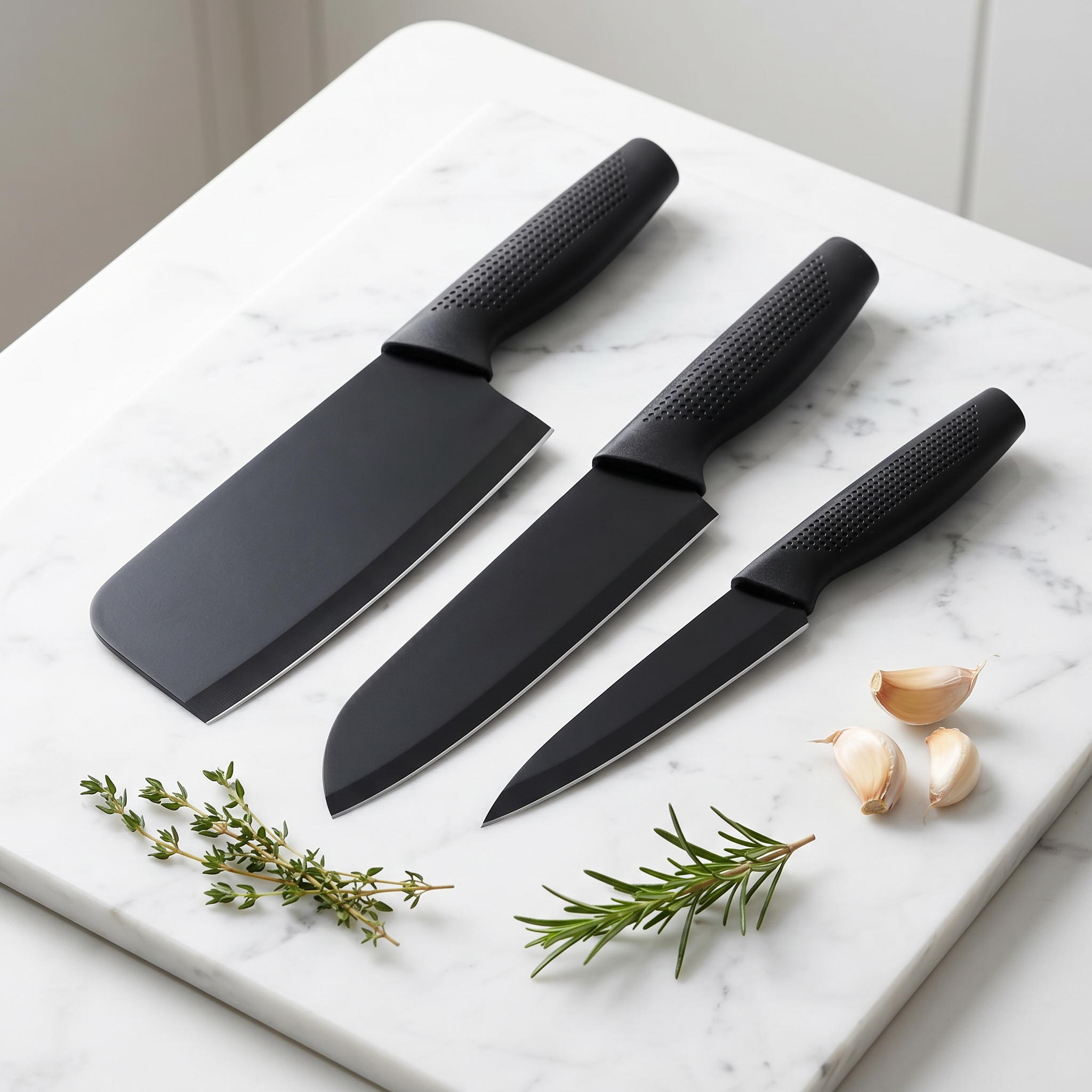 AI Design for Place all three knives on a clean white marble surface with soft natural daylight. Arrange them in a graceful fan shape, surrounded by a few fresh herbs and garlic cloves. Keep the styling minimal so the knives remain the main focus while creating a modern, premium kitchen aesthetic.