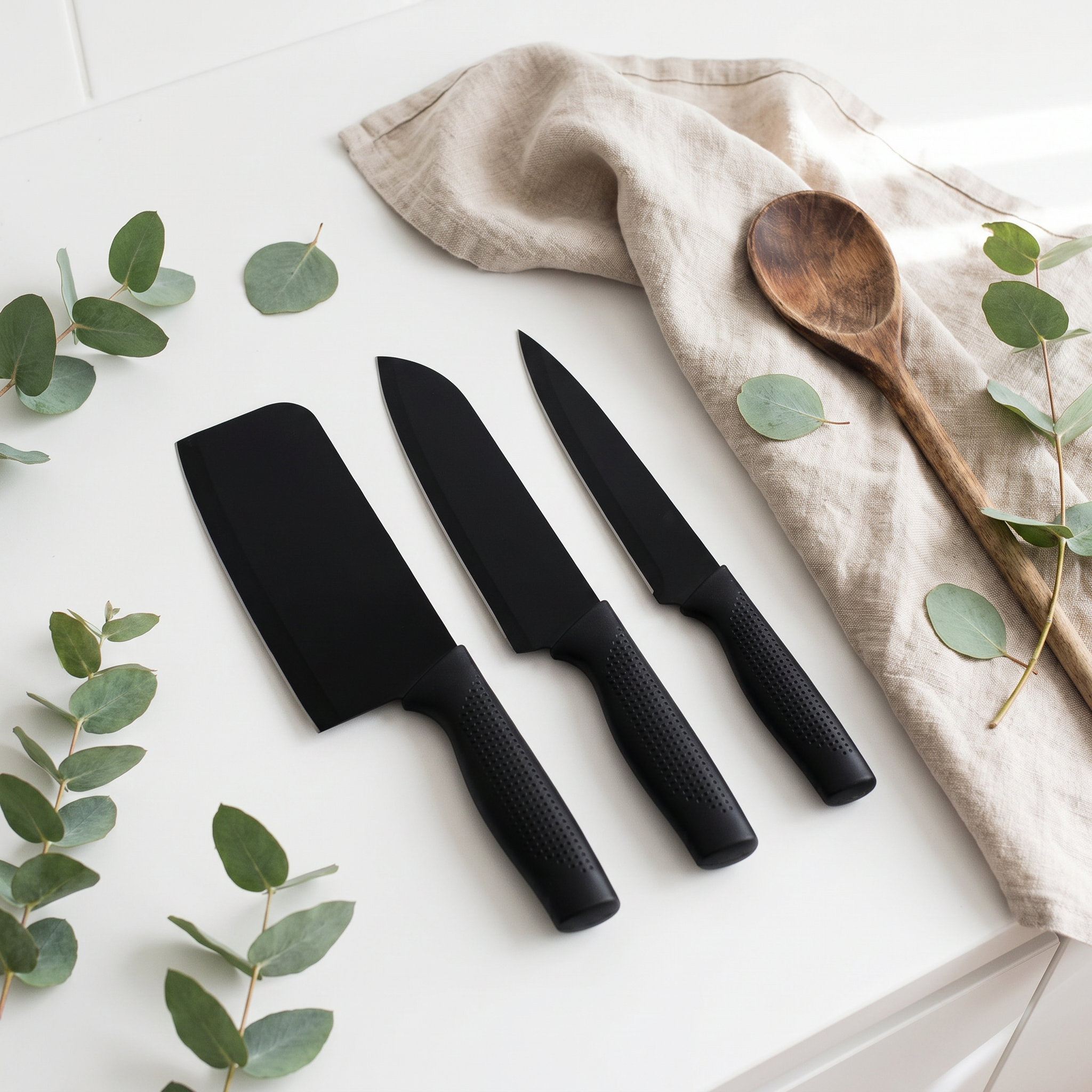 AI Design for Place the knives on a white countertop with a beige linen cloth, wooden spoon, and eucalyptus leaves. Keep the composition airy and uncluttered so all three knives stand out naturally while creating a clean Scandinavian-inspired kitchen atmosphere.