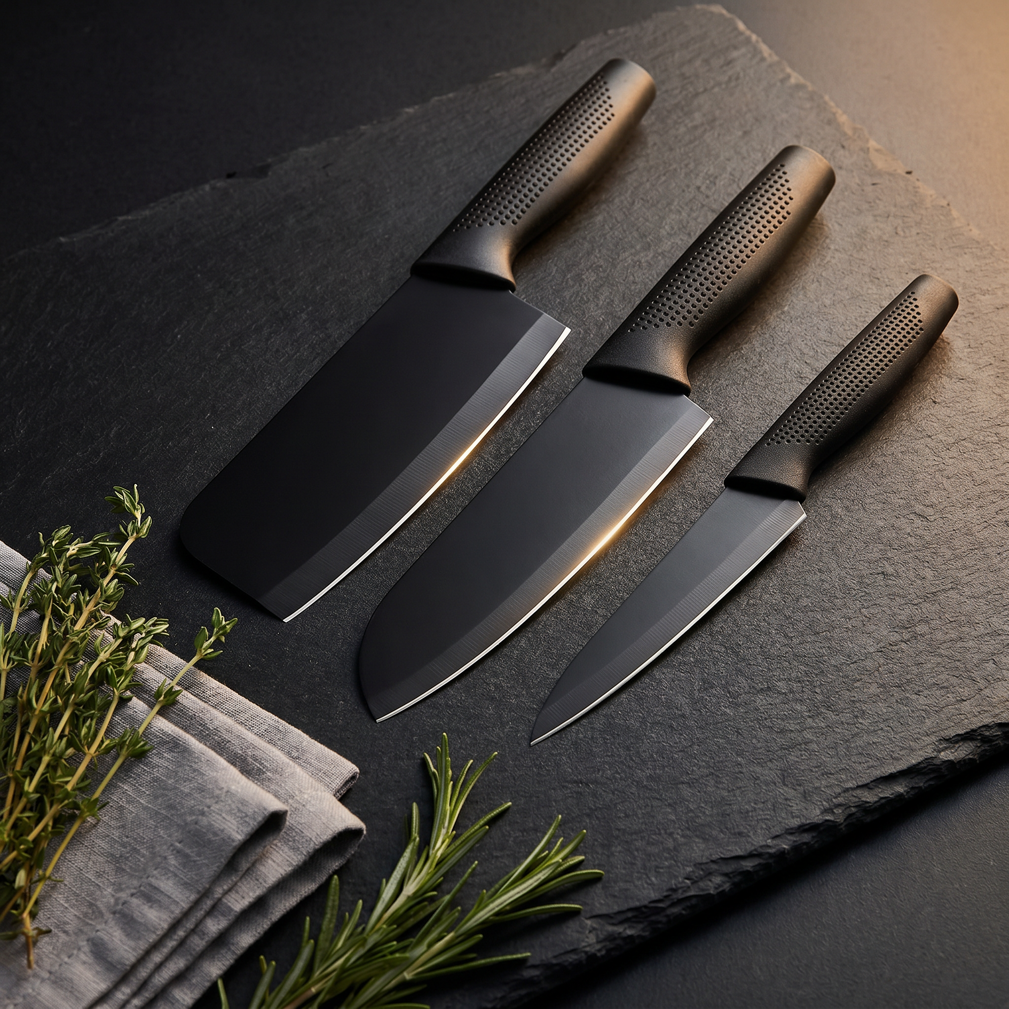 AI Design for Arrange the three knives diagonally on a matte black stone surface with soft directional lighting. Add subtle herbs and a folded linen napkin in one corner. The contrast makes the polished blades shine while giving the image a premium, sophisticated culinary aesthetic.