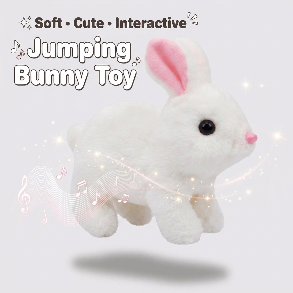 AI Design for ✨ Soft • Cute • Interactive
🎶 Jumping Bunny Toy
Idea (53 words):
Show the bunny hopping with a realistic shadow beneath it. Add subtle sound-wave graphics and sparkles. Keep typography bold and easy to read while ensuring the product occupies most of the image.