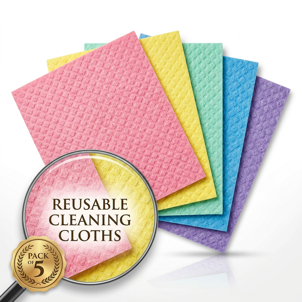 AI Design for Display the five cloths slightly spread apart like playing cards to reveal every vibrant color and textured pattern. Add a circular zoom highlighting the embossed surface with a clean "Reusable Cleaning Cloths" title and a premium "PACK OF 5" badge.