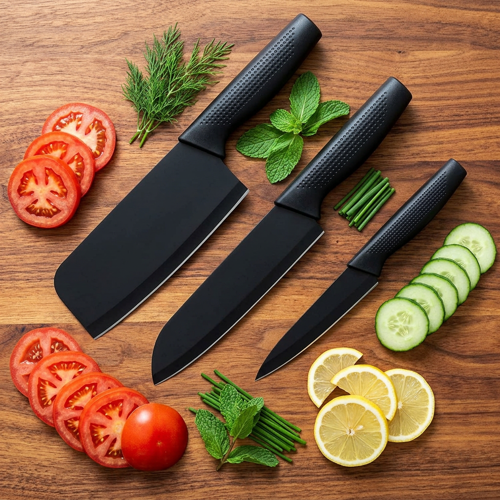 AI Design for Arrange all three knives beside neatly sliced tomatoes, cucumbers, lemons, and fresh herbs on a wooden surface. Keep the vegetables only as accents, ensuring the knives remain the hero of the image with a fresh, vibrant cooking aesthetic.