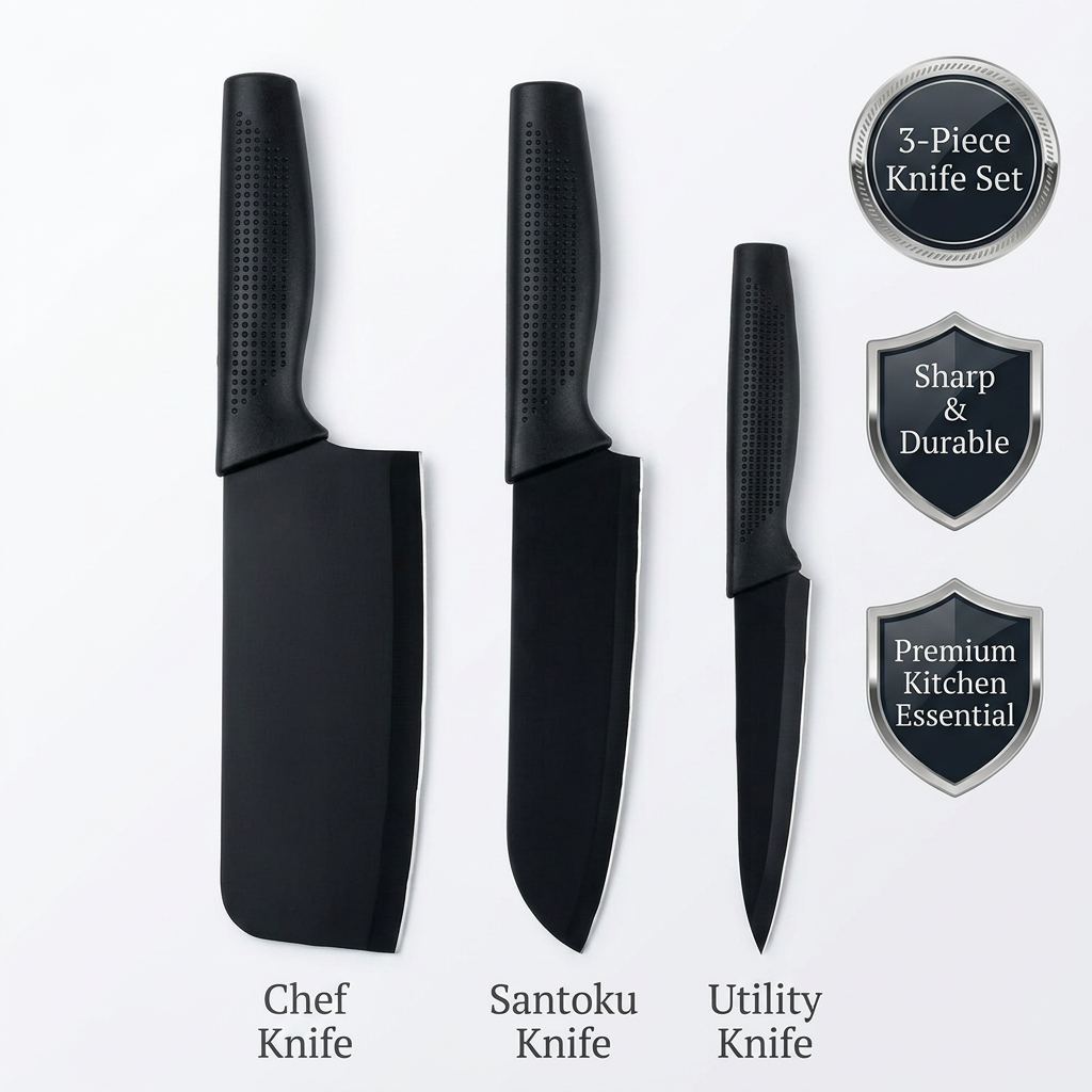AI Design for Show all 3 knives neatly arranged side-by-side on a clean white background. Add labels: Chef Knife, Santoku Knife, and Utility Knife. Include badges: "3-Piece Knife Set", "Sharp & Durable", and "Premium Kitchen Essential". Keep all knives fully visible with equal focus for a professional and attractive Meesho listing.