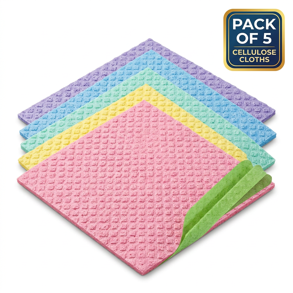 AI Design for Display all five colorful cleaning cloths in a neat overlapping stack on a pure white background with soft shadows. Keep every color equally visible and highlight the embossed texture. Add a bold "PACK OF 5" badge in the top-right corner for a clean, attractive, and Meesho-friendly main image.