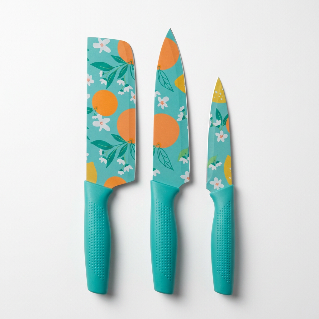 AI Design for Arrange the three knives in descending size on a premium white background with perfect alignment and soft shadows. Highlight the complete knife set by emphasizing the ergonomic handles, sharp blades, and modern design. Keep the composition clean so customers instantly recognize it as a premium kitchen knife collection.