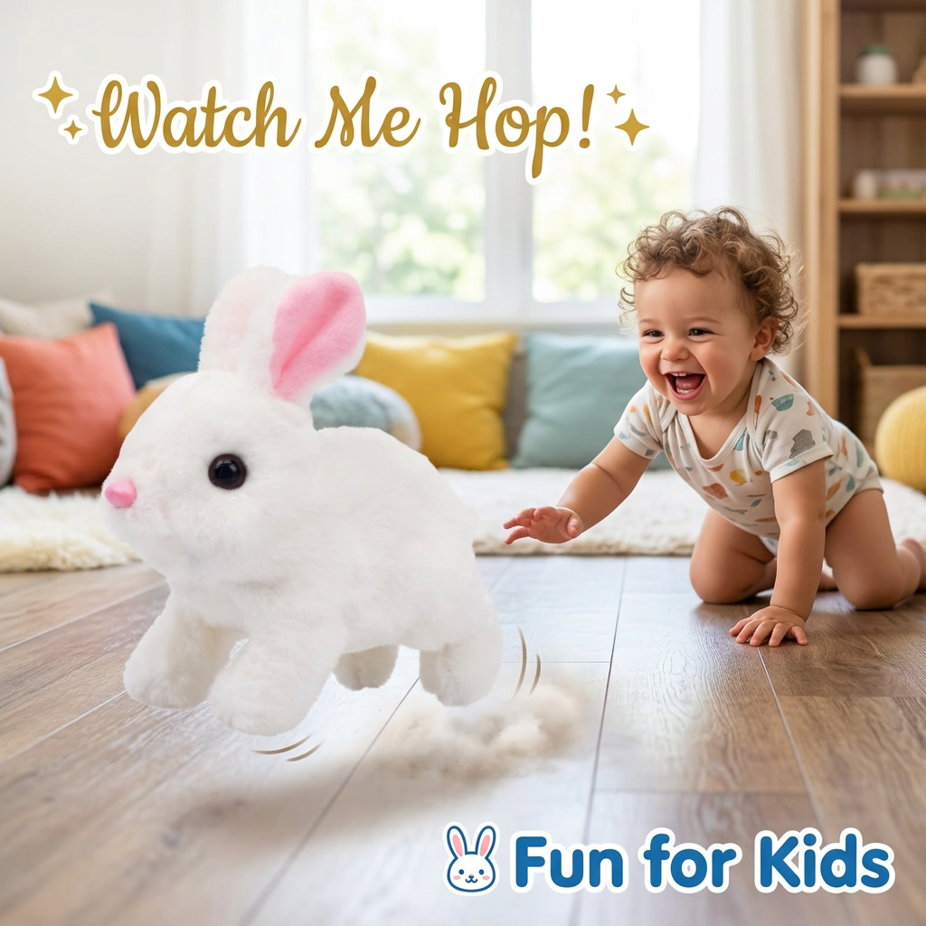 AI Design for ✨ Watch Me Hop!
🐇 Fun for Kids
Idea (56 Words):
Show the bunny hopping across a bright living room floor while a laughing child happily crawls after it. Keep the bunny large and sharp in the foreground with bounce effects. Use natural daylight and minimal background elements to keep attention on the product.