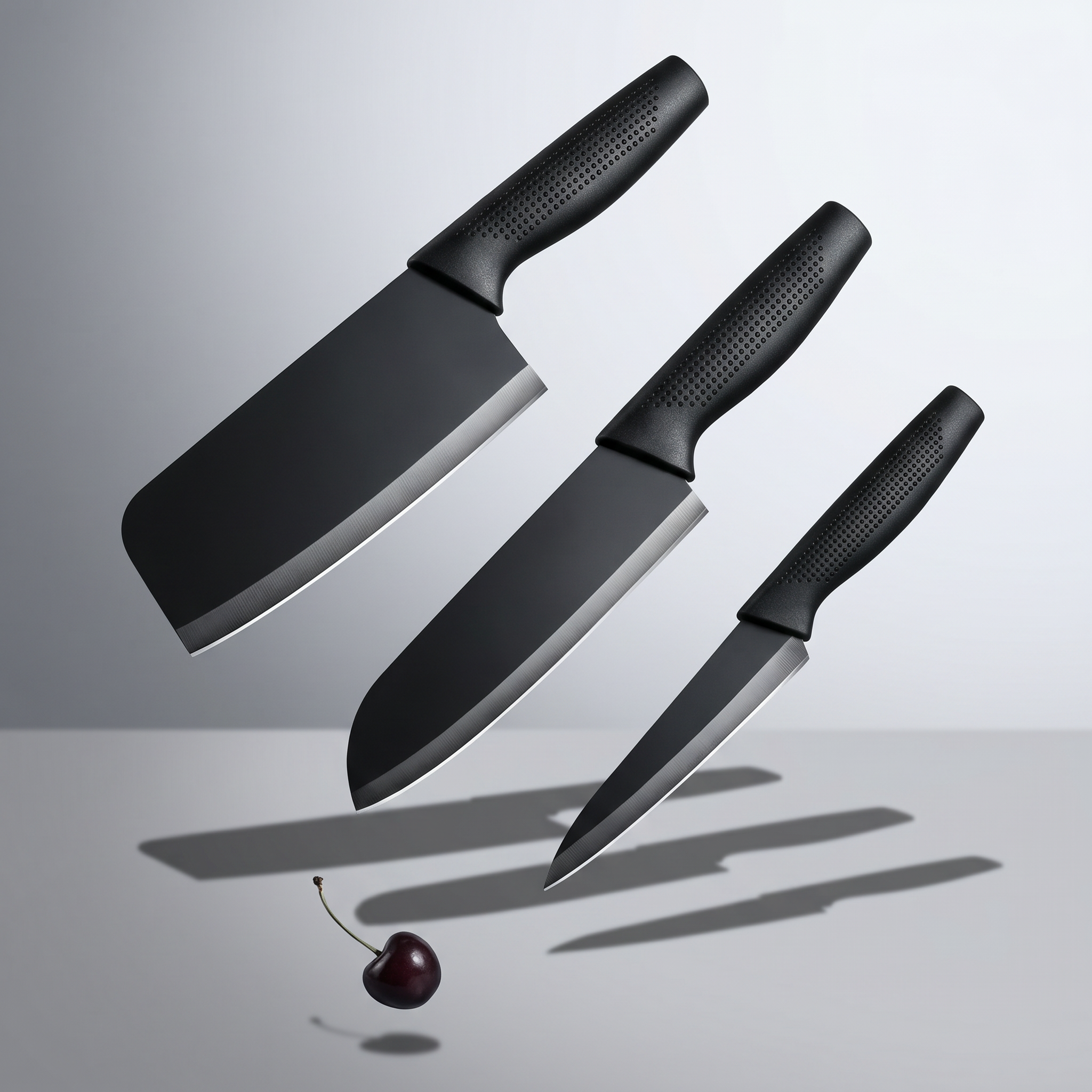 AI Design for Create the illusion of all three knives floating above a soft gradient background with elegant shadows beneath them. Add subtle metallic reflections on the blades to give a clean, modern, and luxurious appearance that instantly catches attention.