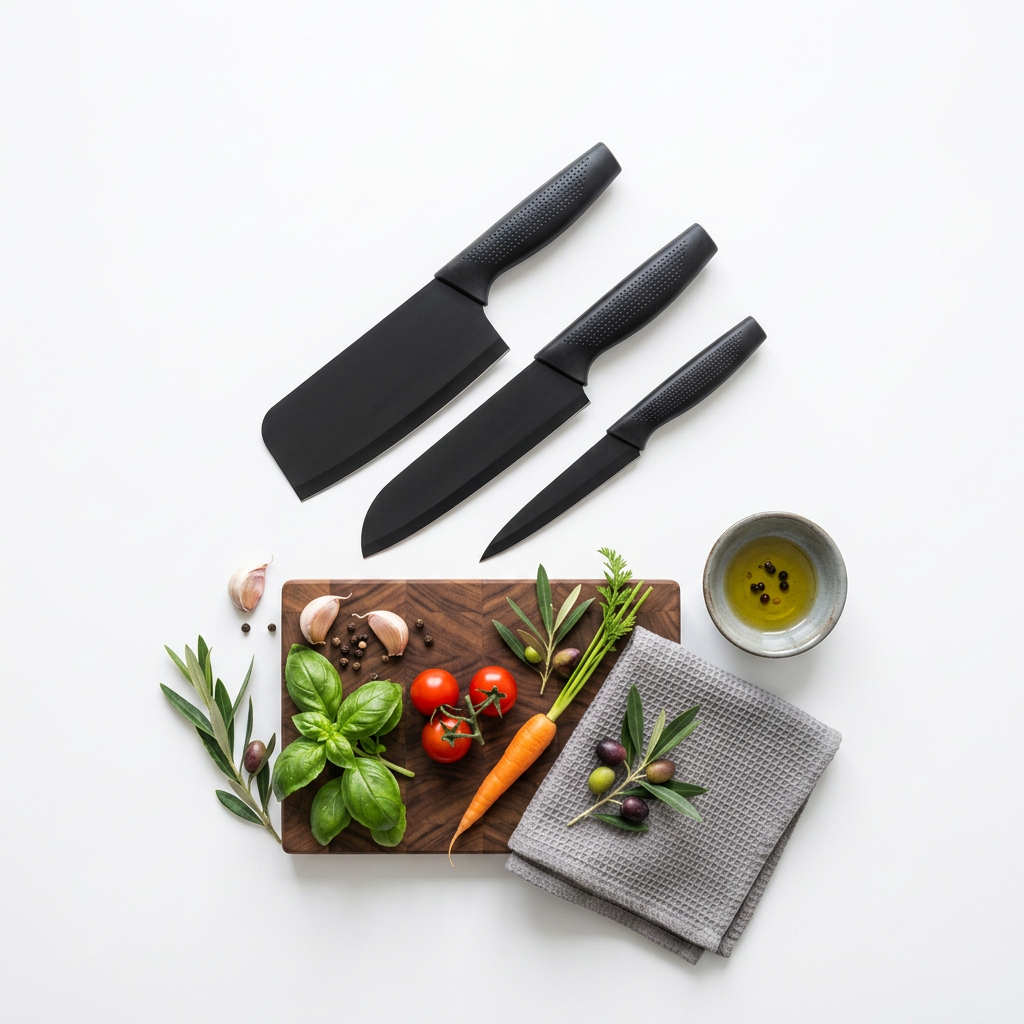 AI Design for Arrange all three knives with a wooden chopping board, folded kitchen towel, ceramic bowl, herbs, and a few fresh vegetables in a clean flat-lay composition. Keep generous white space around the products so the knives dominate the image while maintaining an elegant, aesthetic presentation.