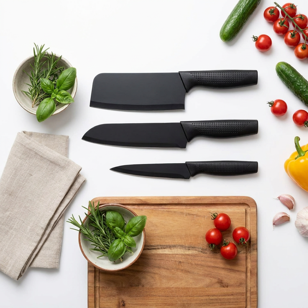 AI Design for Arrange all three knives with a wooden chopping board, folded kitchen towel, ceramic bowl, herbs, and a few fresh vegetables in a clean flat-lay composition. Keep generous white space around the products so the knives dominate the image while maintaining an elegant, aesthetic presentation.