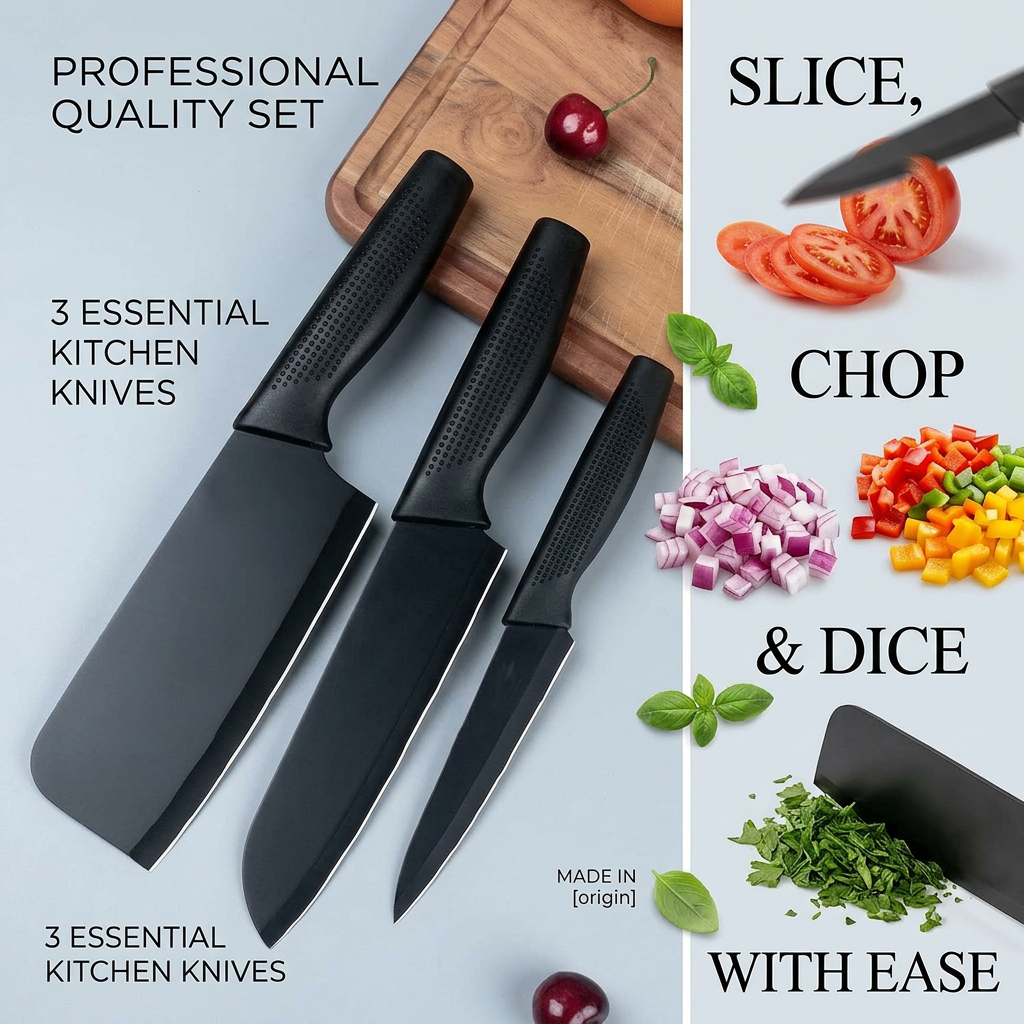 AI Design for Create a split layout with all 3 knives displayed prominently on one side and small food-cutting visuals on the other. Add text: "Slice, Chop & Dice with Ease", "3 Essential Kitchen Knives", and "Professional Quality Set". Keep all knives large, sharp-looking, and fully visible.