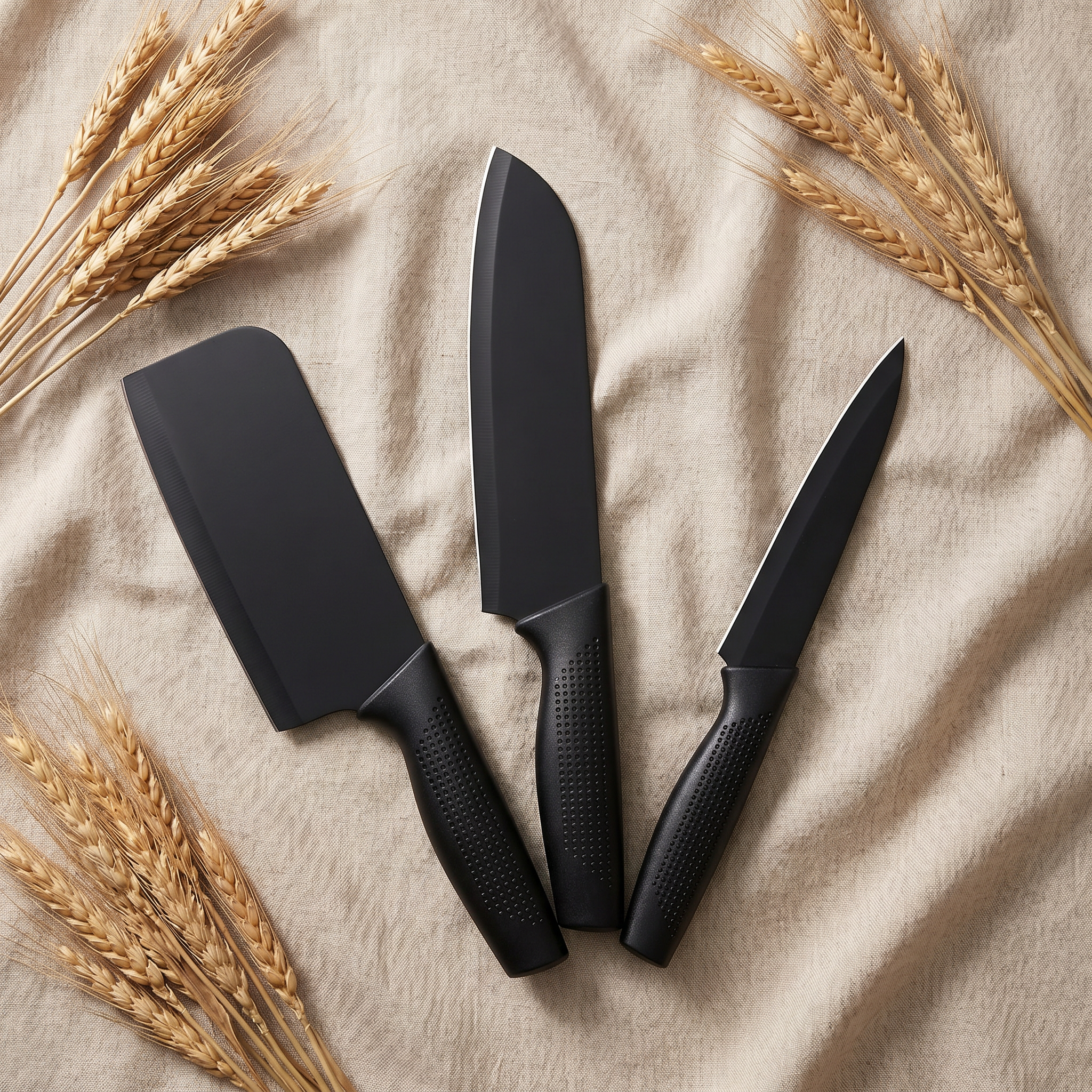 AI Design for Use a neutral beige background with soft linen fabric and dried wheat stems in the corners. Position all three knives in a balanced fan layout with soft shadows, creating a calm, premium lifestyle aesthetic that feels modern and luxurious.