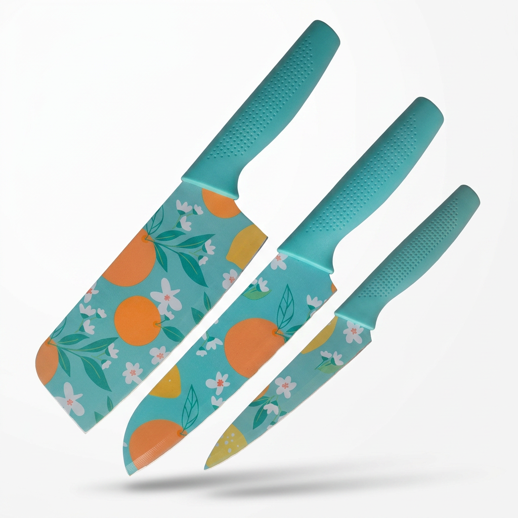 AI Design for Present the three knives as if floating above a white surface with realistic shadows underneath. The clean composition creates a premium look while drawing full attention to the complete knife set, making it ideal for a modern and high-converting Meesho main image.