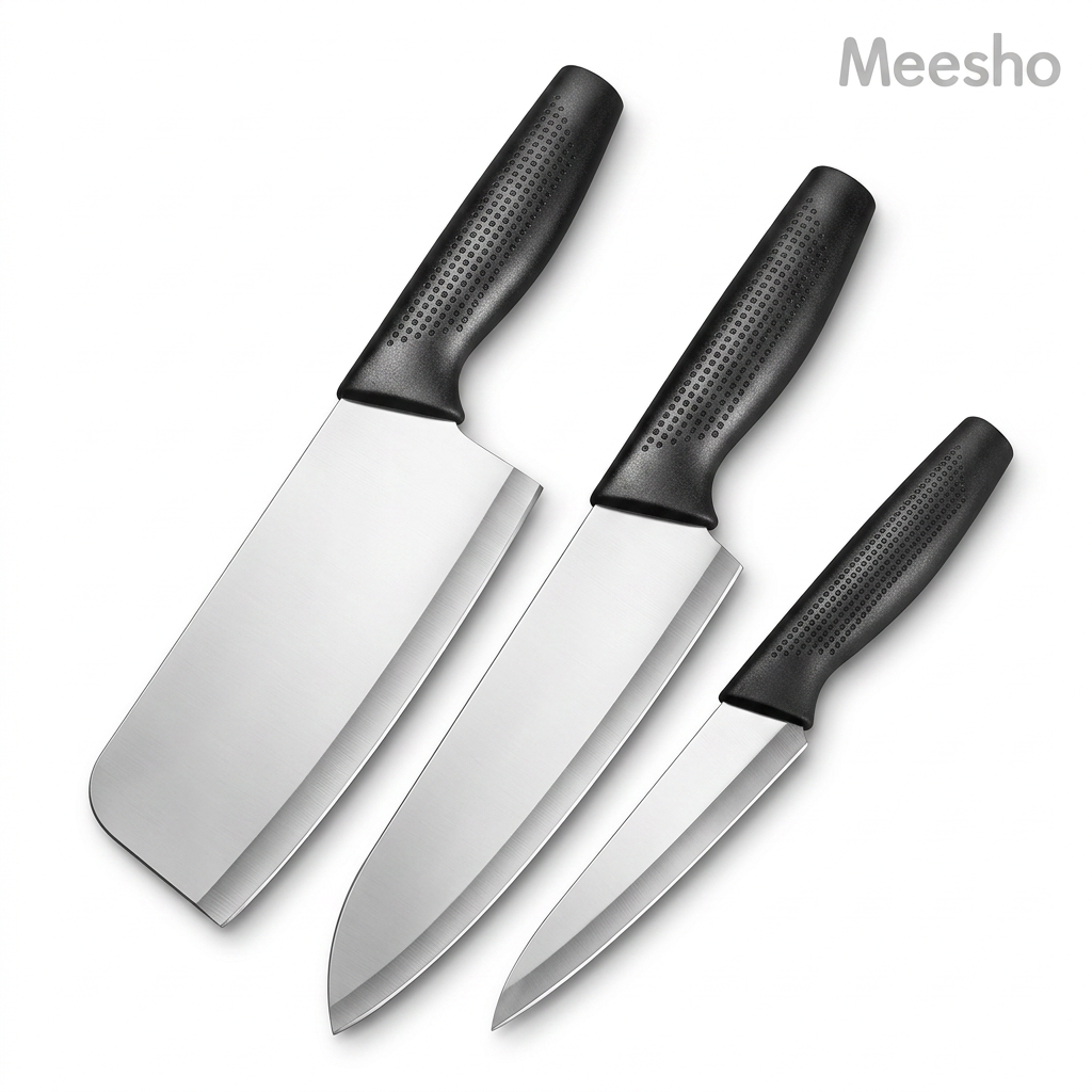 AI Design for Arrange all three knives in a fan-shaped layout on a pure white background, ensuring every blade and handle is completely visible. Add soft shadows and balanced lighting to highlight the stainless steel finish and colorful ergonomic handles, creating a premium, eye-catching Meesho main image with a clean, professional appearance.