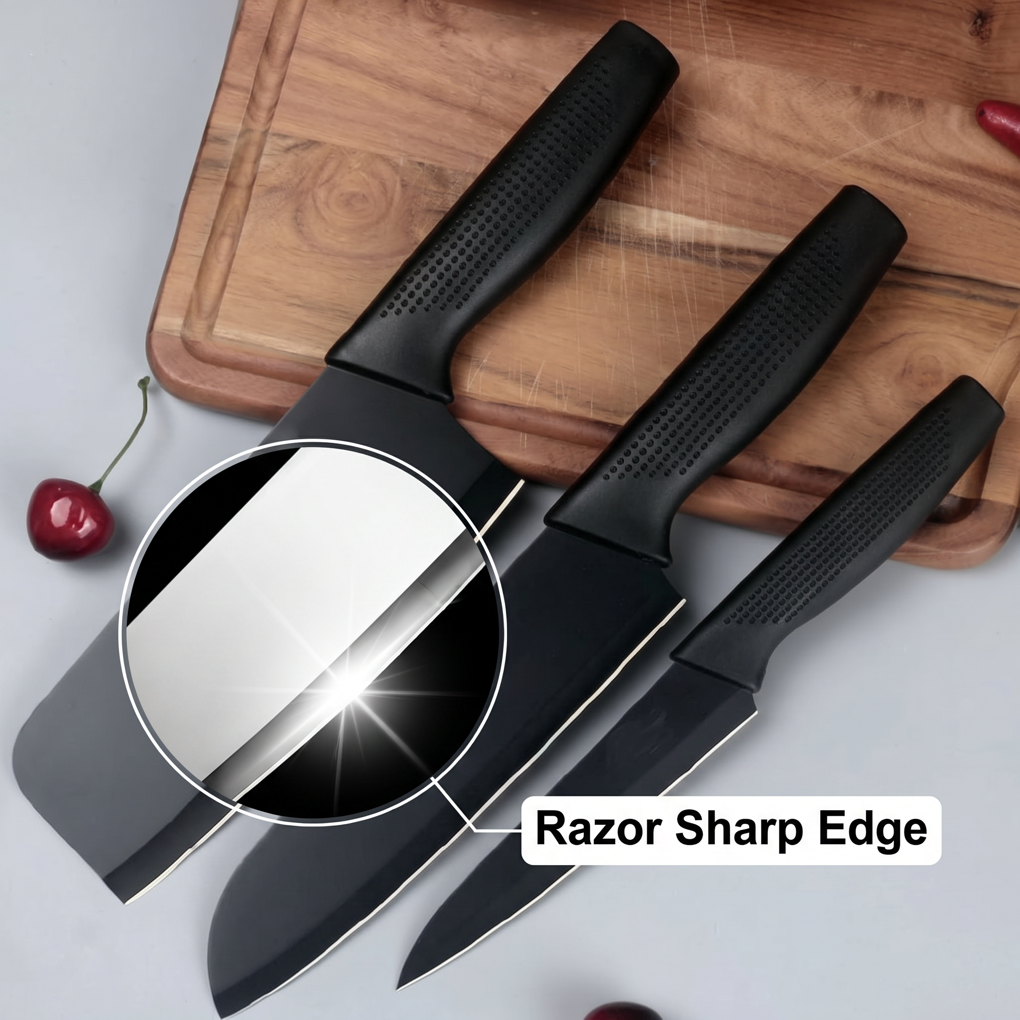 AI Design for Show all three knives in a fan layout. Add one circular zoom on the largest knife's cutting edge, highlighting the mirror-polished stainless steel blade with a label: "Razor Sharp Edge".