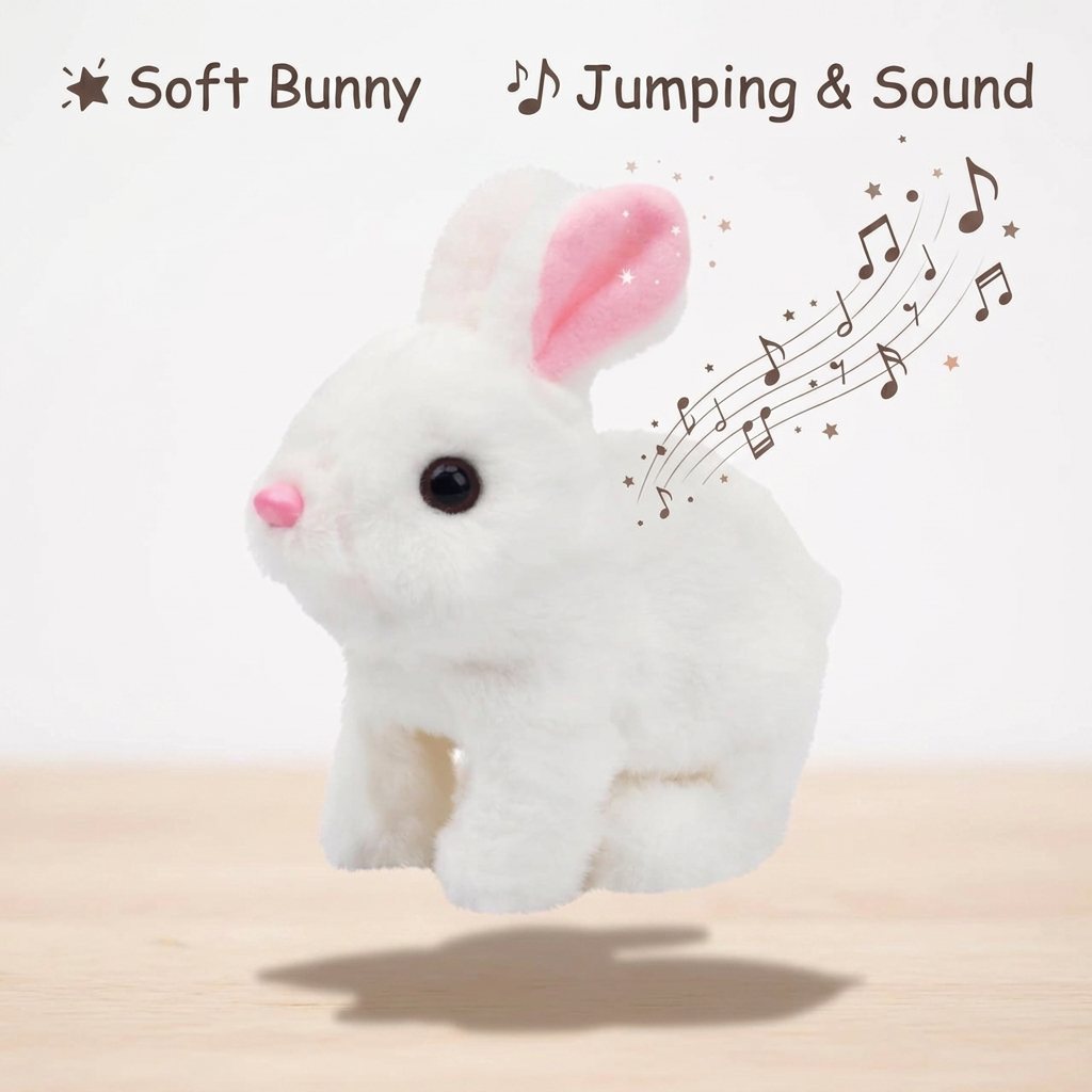 AI Design for 🌟 Soft Bunny
🎶 Jumping & Sound
Idea (54 Words):
Place the bunny in a slightly raised position with a realistic shadow beneath it. Add musical notes floating upward and tiny stars near the ears. Use bold, high-contrast text that occupies less than 15% of the image.