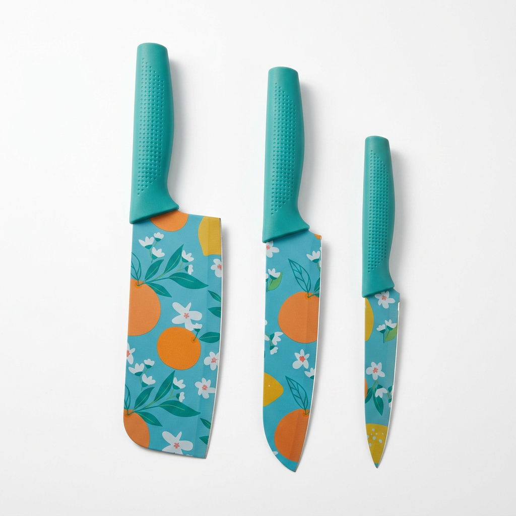 AI Design for Arrange the three knives in descending size on a premium white background with perfect alignment and soft shadows. Highlight the complete knife set by emphasizing the ergonomic handles, sharp blades, and modern design. Keep the composition clean so customers instantly recognize it as a premium kitchen knife collection.
