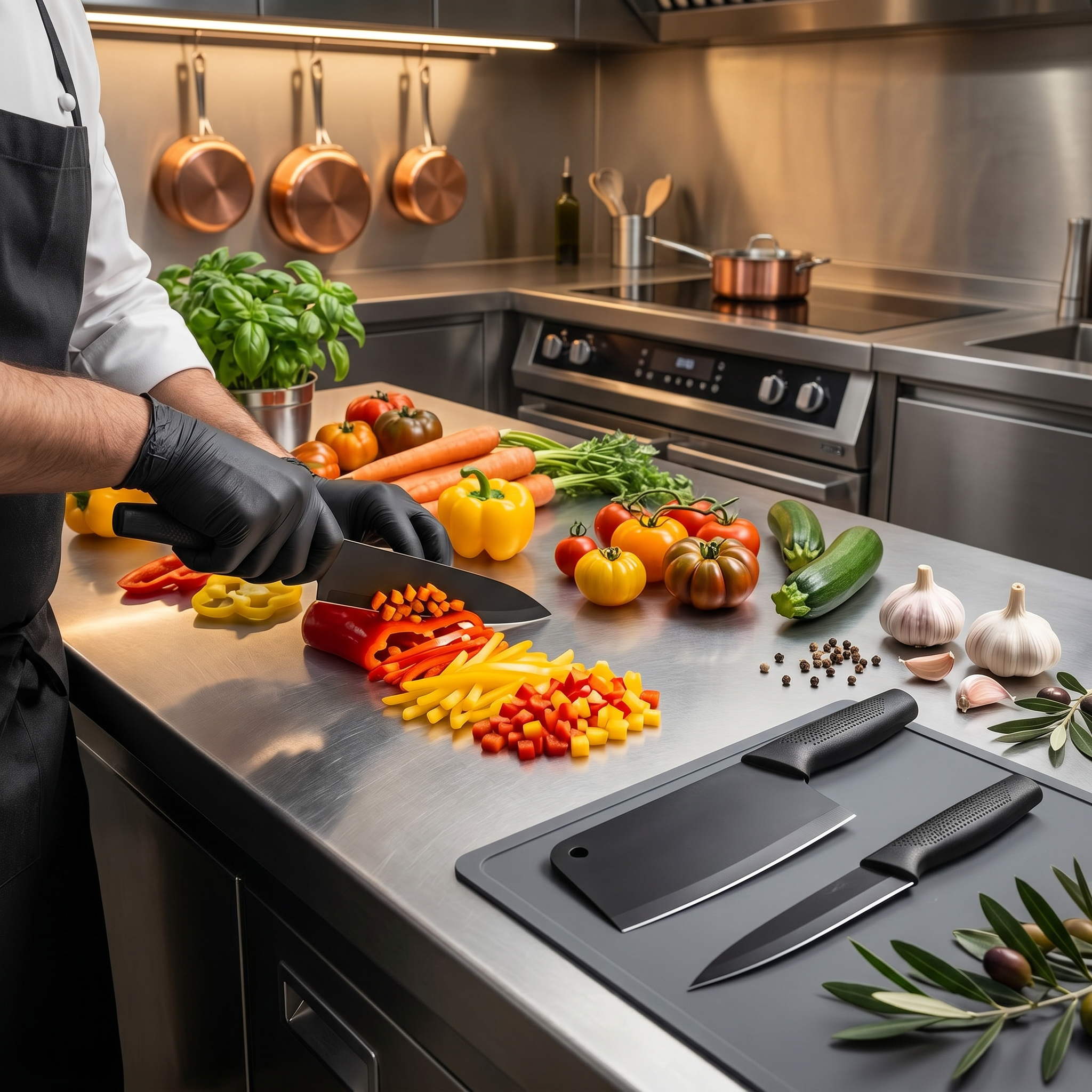 AI Design for Feature a chef preparing fresh vegetables in a modern commercial kitchen using one knife. Place the remaining two knives elegantly on the counter, fully visible. Use warm lighting to create a premium culinary atmosphere.
