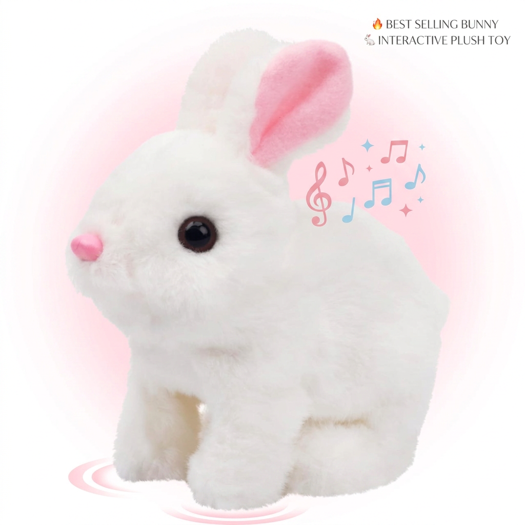 AI Design for 🔥 Best Selling Bunny
🐇 Interactive Plush Toy
Idea (60 Words):
Create a premium catalog-style image with the bunny filling almost the entire frame. Add a soft pastel halo behind the product, a small bounce effect below the feet, and musical notes beside the head. Keep the typography compact and positioned in one corner, ensuring the bunny is always the main attraction and the first thing customers notice.