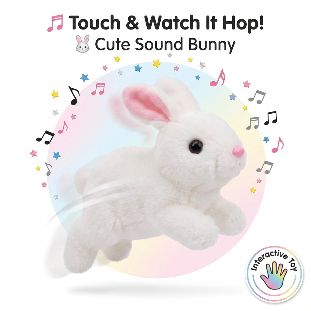 AI Design for 🎵 Touch & Watch It Hop!
🐇 Cute Sound Bunny
Idea (54 words):
Display the bunny mid-hop with motion trails behind it. Add colorful music notes and a small "Interactive Toy" badge. Keep the background simple white with a light pastel circle to make the product stand out.